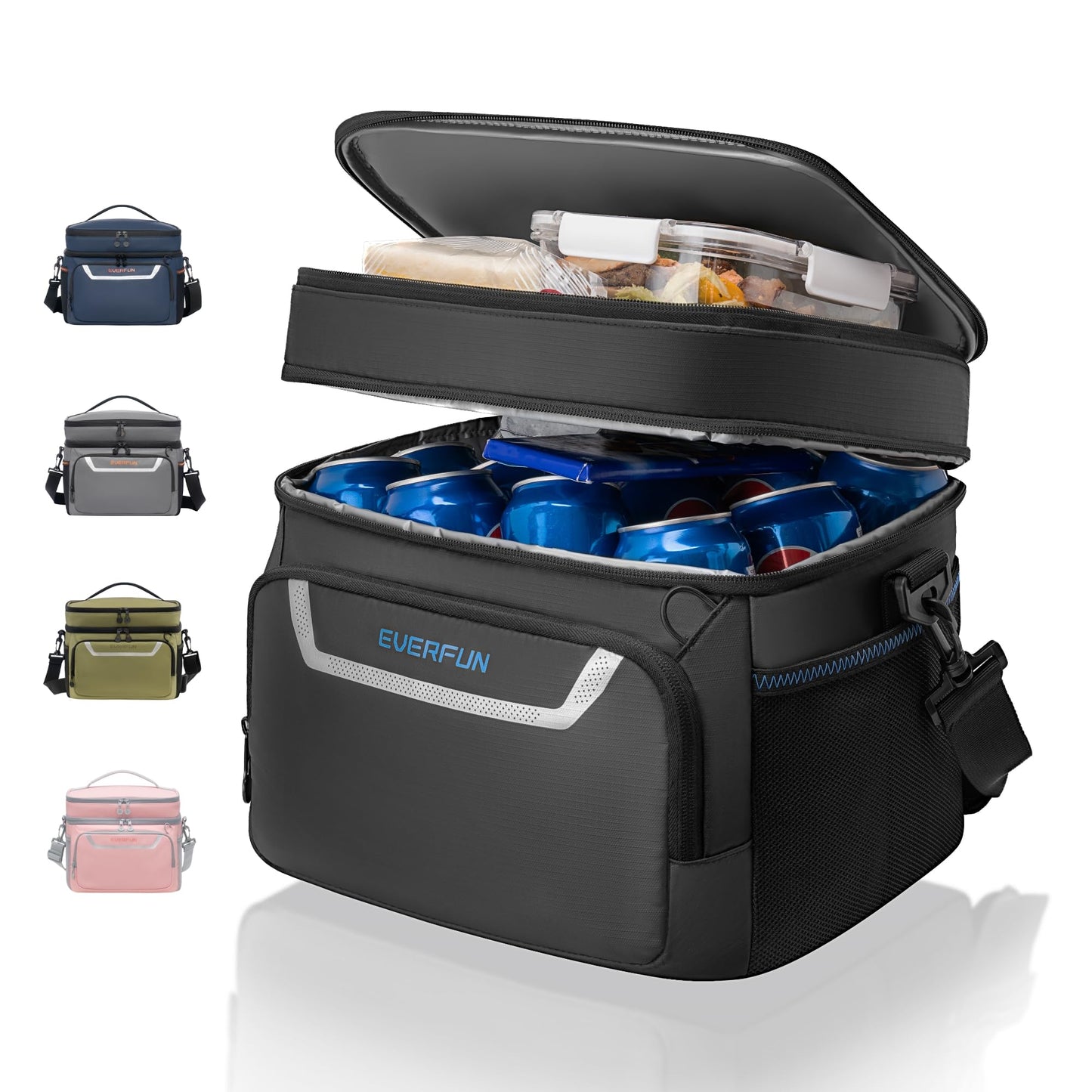 EVERFUN Small Cooler Bag 24 Can Insulated Lunch Box Double Deck Soft Leak-Proof Waterproof Collapsible Ice Chest for Men Women Work Travel Car Trip Picnic Beach, Black