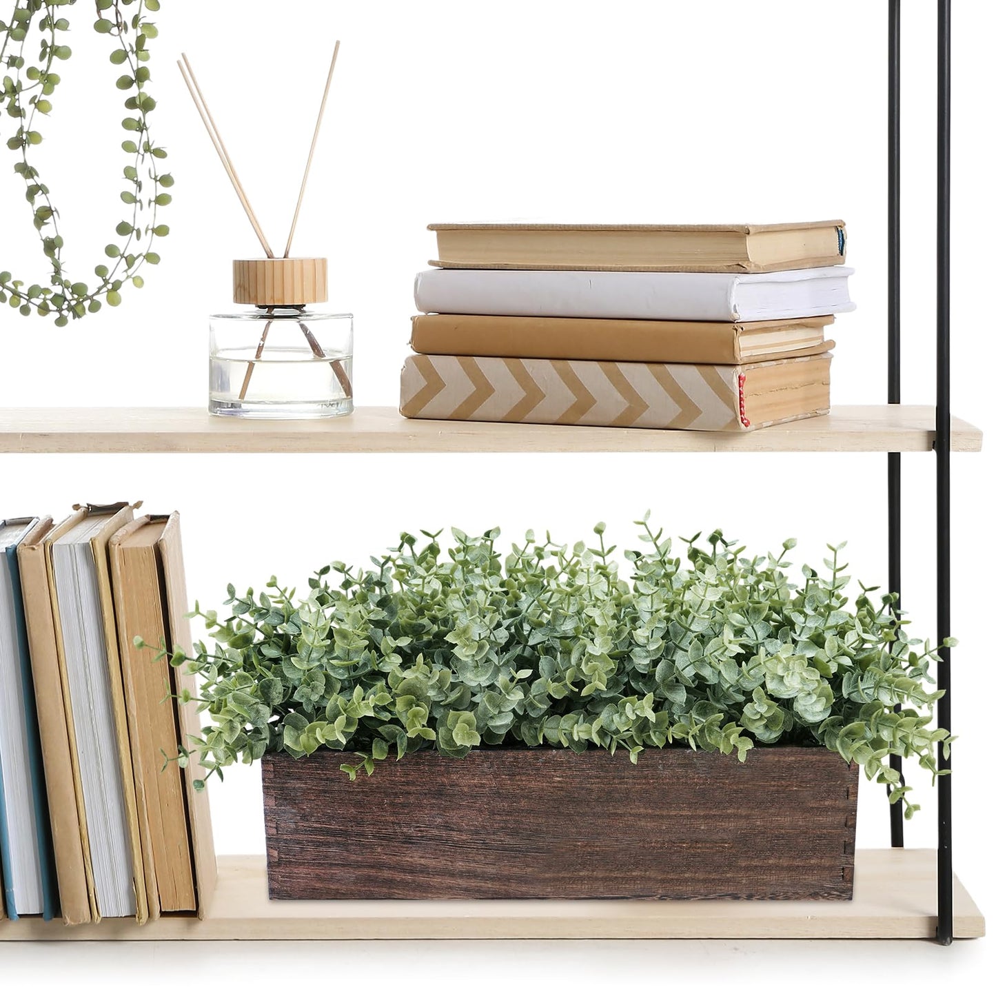 Winlyn 14" Artificial Eucalyptus in Rectangular Wood Planter Box Faux Plants Arrangement Centerpiece Wooden Potted Eucalyptus Plant for Farmhouse Wedding Dining Table Centerpiece Greenery Mantel Décor