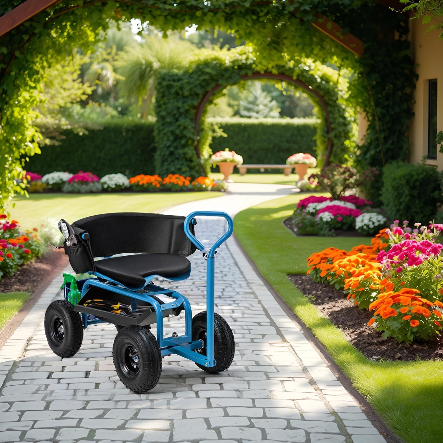 ERGOMASTER Rolling Garden Seat with Wheels, Adjustable 360° Swivel Workseat and Storage Basket, Extendable Handle, Outdoor Gardening Wagon Scooter, Blue