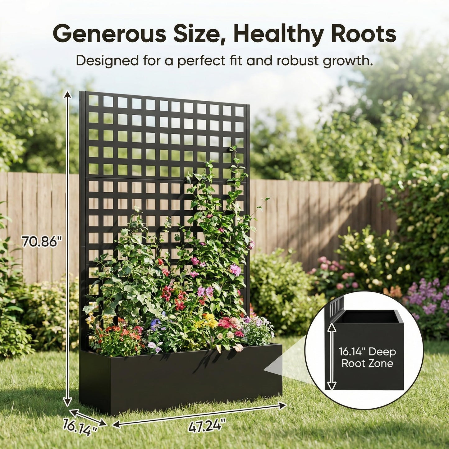 TABU Metal Planter Box with Trellis, 71"x47"x16" Galvanized Steel Raised Garden Bed with Privacy Screen, Multi-Functional Outdoor Standing Planter with Drainage Holes for Climbing Plants, Black