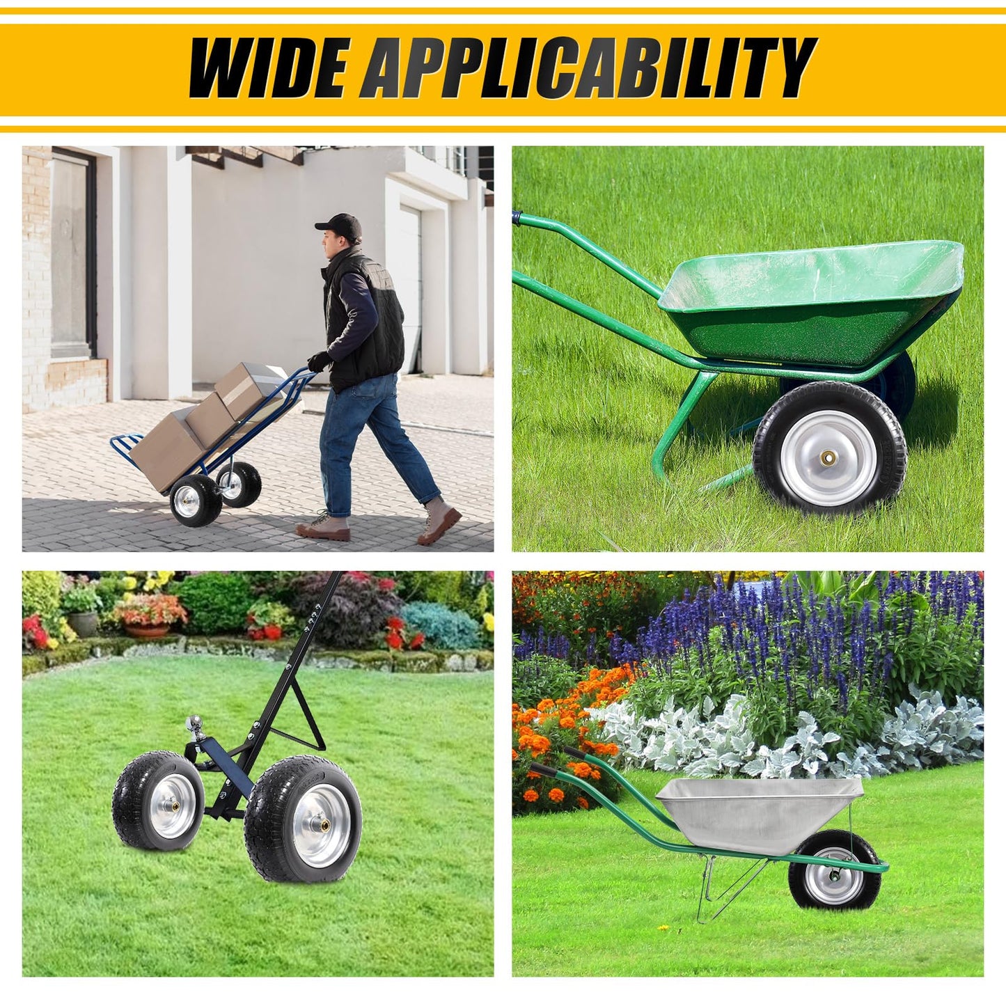 MZREXN 14.5" Wheelbarrow Tire Flat-Free 3.00/3.25/3.50/4.00-8" Solid Tire and Wheel with 3"-7" Centered Hub, 3/4" & 5/8" Bearings Replacement for Hand Truck/Dolly/Utility Cart/Garden Cart 2PCS Silver