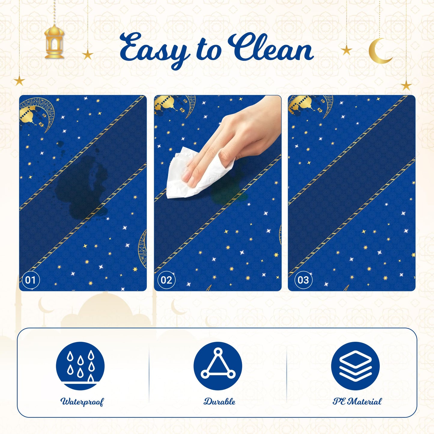 Childom 3 Pack Ramadan Table Cloth,Ramadan Decorations for Home,54" x 108" Eid Mubarak Decorations,Eid Ramadan Tablecloths Rectangular,Blue Plastic Table Cloth Disposable Table Cover for Party Favors