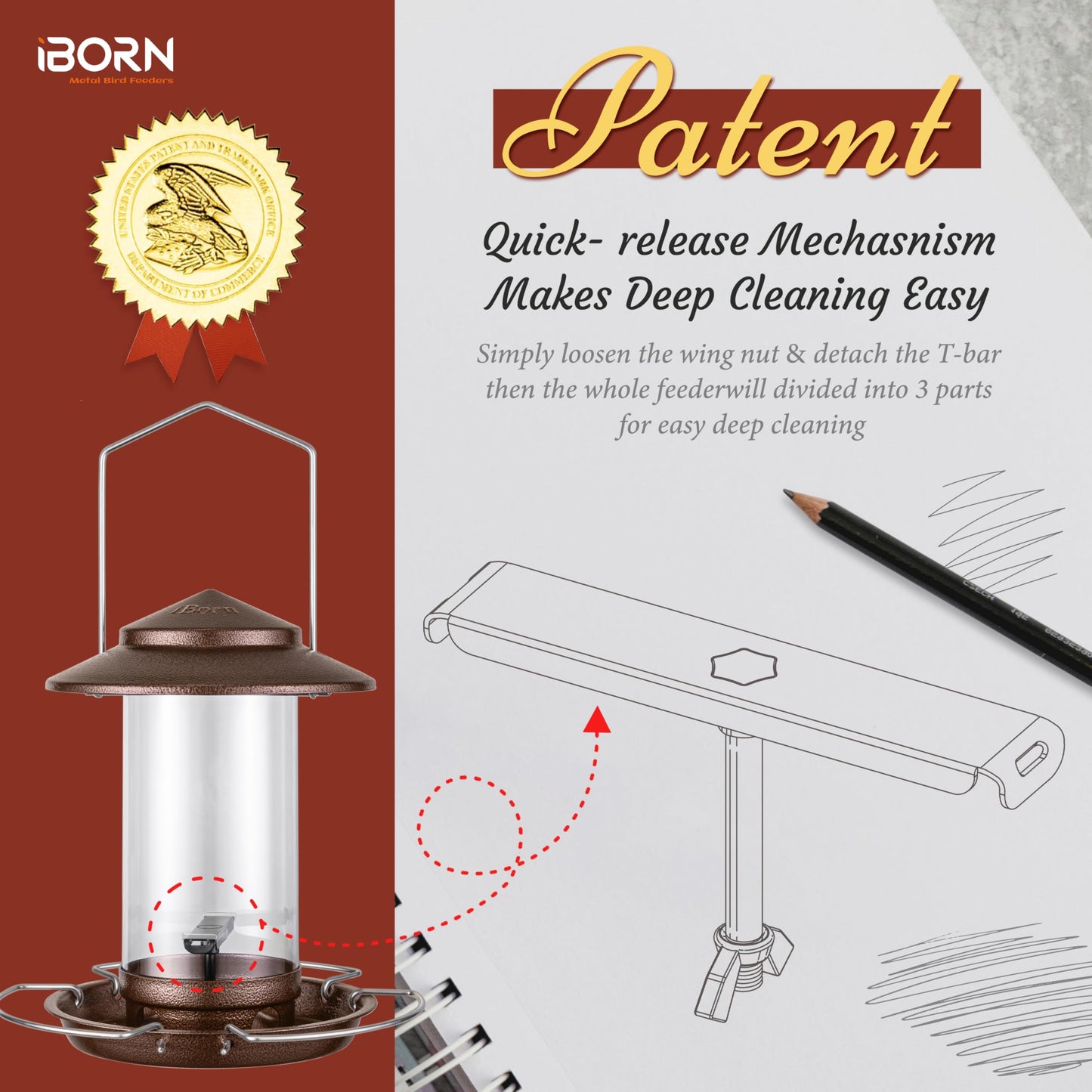 iBorn Bird Feeder Metal Squirrel Chew Proof Bird Feeders for Outdoors Hanging Outside for Cardinal, Holds 1.5LB Seed with 3 Perchs, Brushed Coffee (Seed is not Included)