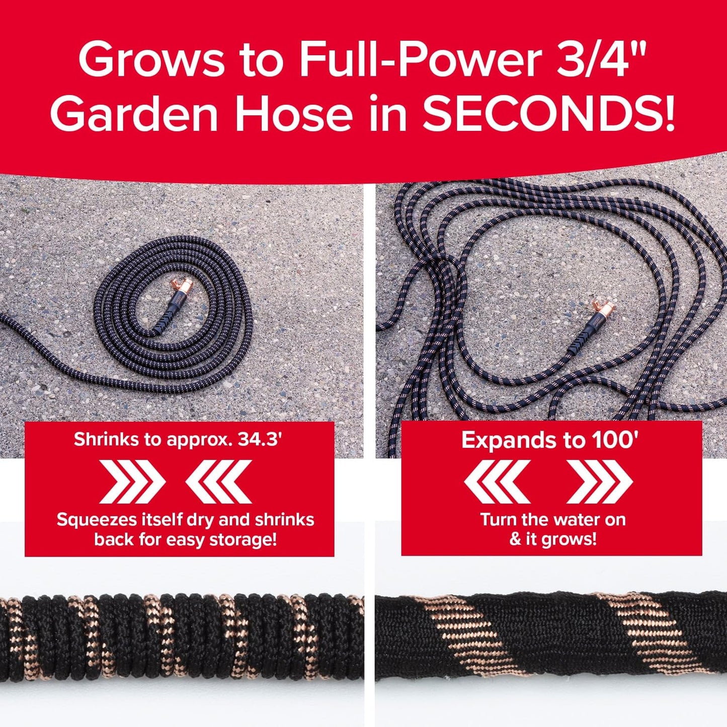 Pocket Hose 100 FT Copper Bullet Expandable Garden Hose w/10 Pattern Thumb Spray Nozzle AS SEEN ON TV 650psi 3/4 in Patented Lead-Free Ultra-Lightweight Solid Copper Anodized Aluminum