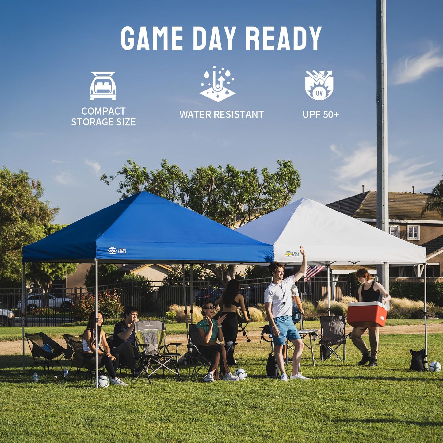 CROWN SHADES 8x8 Pop Up Canopy - Beach Tent with One Push Setup - Easy Outdoor Sun Shade for Events, Parties, Camping - Gazebo with STO-N-Go Cover Bag, Silver Coated Top, Blue