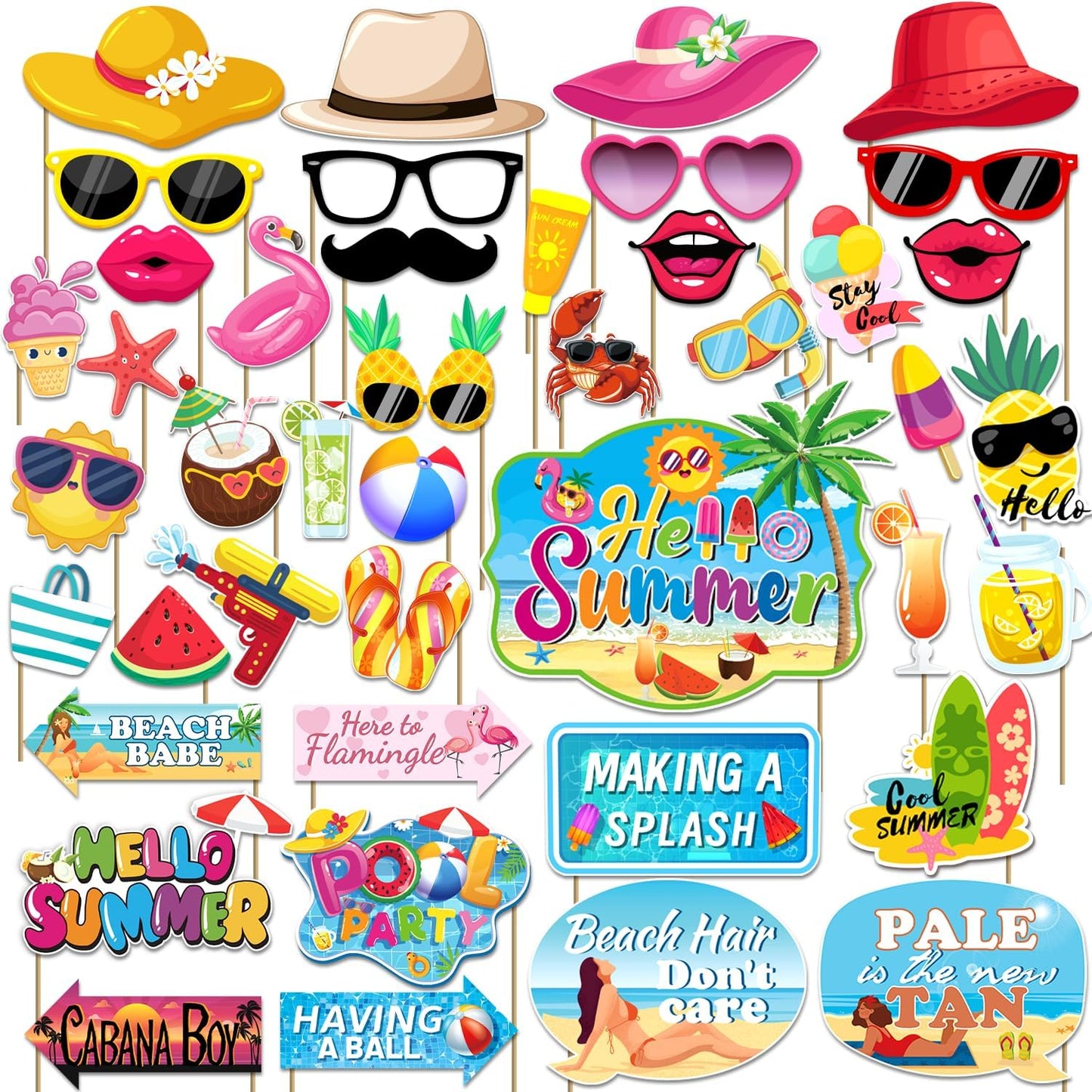 43Pcs Summer Party Decorations Photo Props, Summer Booth Props, Pool Decorations Beach Photo Booth Props, Sum mer Pool Funny Selfie Photo Booth Props for Hawaii Party