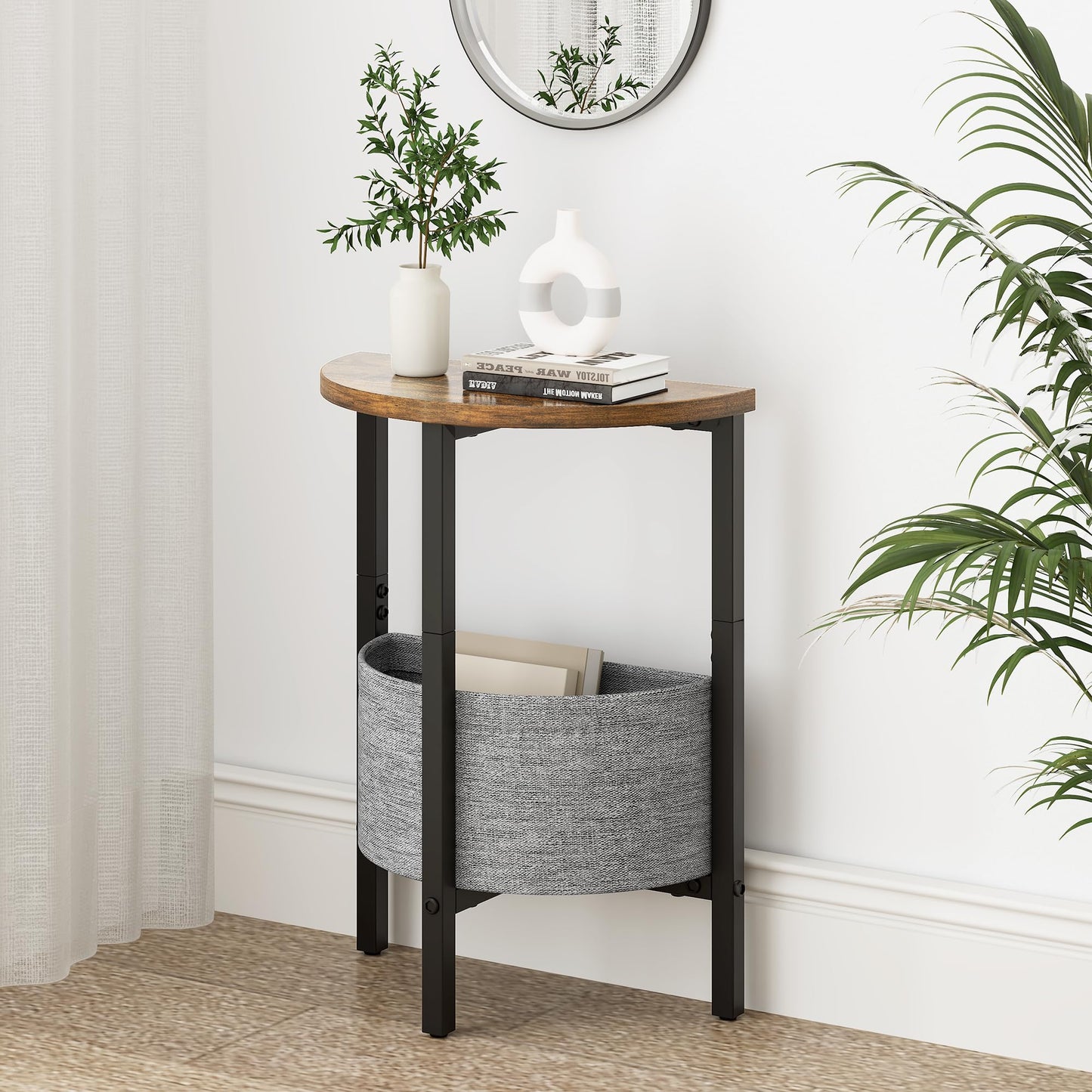 Vagusicc Small Round Side Table, Accent End Table with Storage Basket, Set of 2 Half Round Coffee Table End Table, Half Moon Bedside Table, Modern Nightstand Couch Table for Living Room Bedroom, Brown
