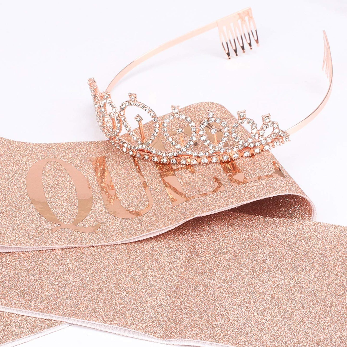 CAVETEE Birthday Crown and Sash for Women - Rose Gold Rhinestone Tiara Set and Sash for Decorations