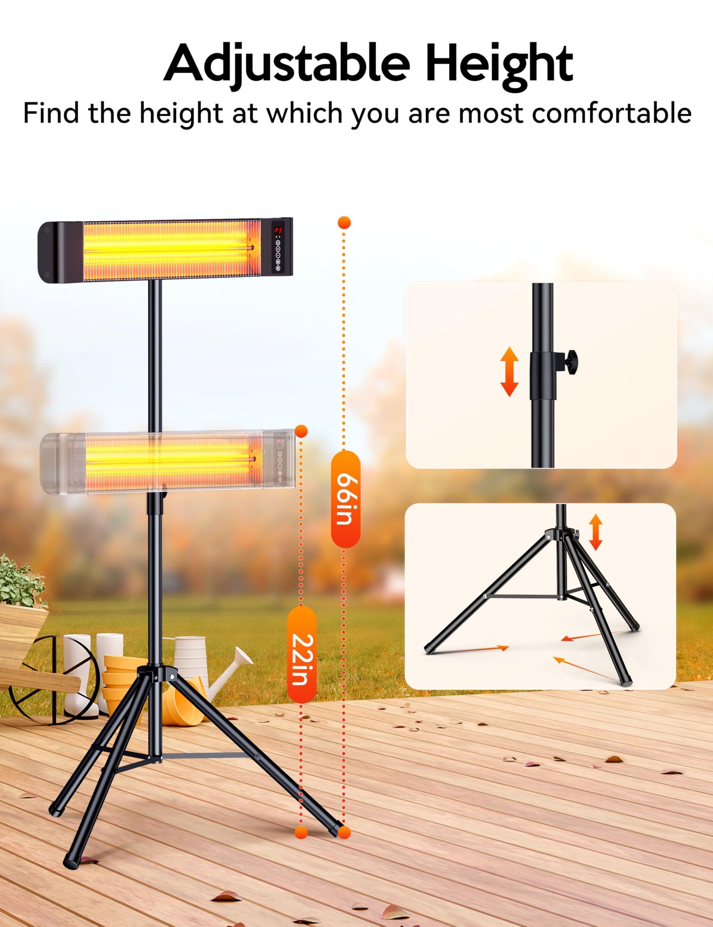 VAGKRI Outdoor Heaters, 1s Heating 1500W Infrared Patio Heater with Remote, 3 Heat Settings, 12H Timer, IP65 Waterproof, Wall Mount/Tripod Stand Electric Heater for Patio, Garage, Garden & Indoor Use