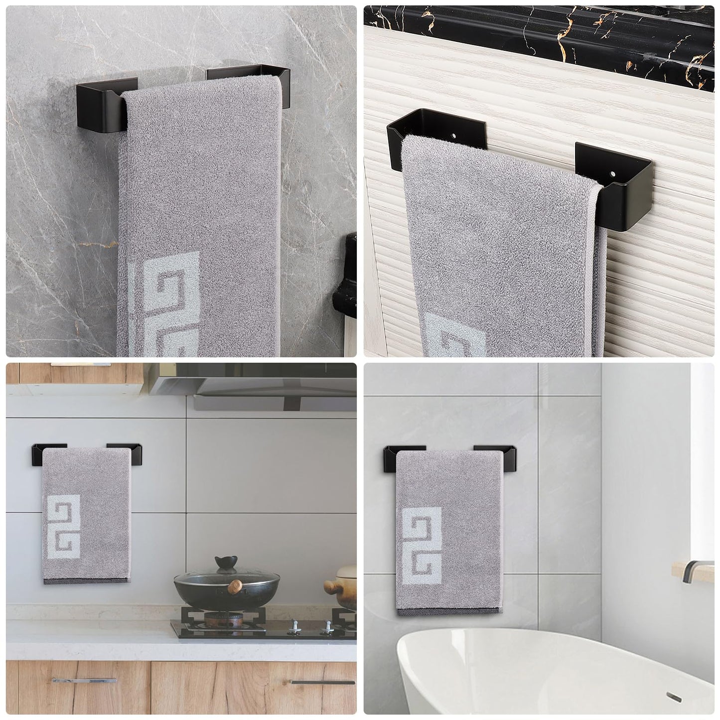 NearMoon Self Adhesive Hand Towel Holder/Towel Ring, Stainless Steel Hand Towel Bar Rustproof Stick on Wall-Towel Rack for Bathroom/Kitchen, Square Sticky and Wall Mounted (9 Inch, Matte Black)
