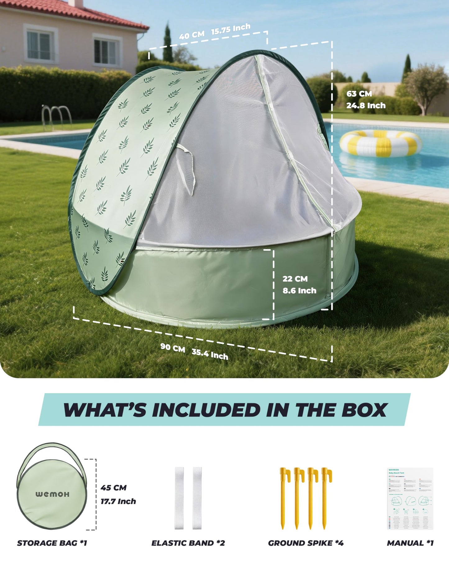 Baby Beach Tent with Pool, 3-in-1 Upgrade Pop Up UPF 50+ Sun Protection Shelter with Mosquito Net Babies Toddlers Portable Outdoor Summer Essentials for Beach, Backyard, Indoor- Green Leaves