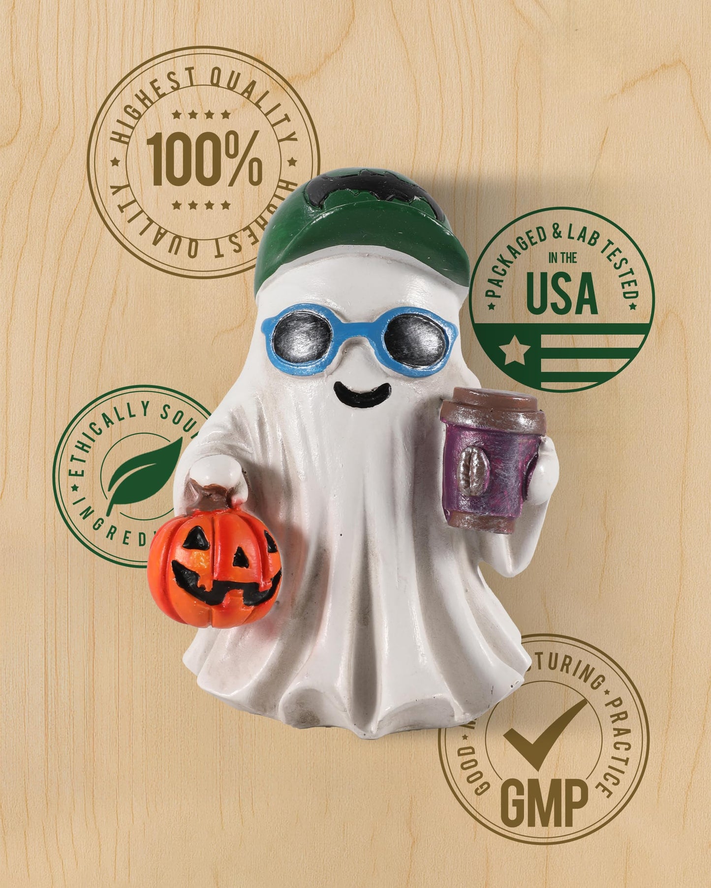 GoGnome Halloween Decorations Resin Ghost Figurines with Pumpkins and Coffee Cups Ice Cream – Set of 2 Festive Decor (White)