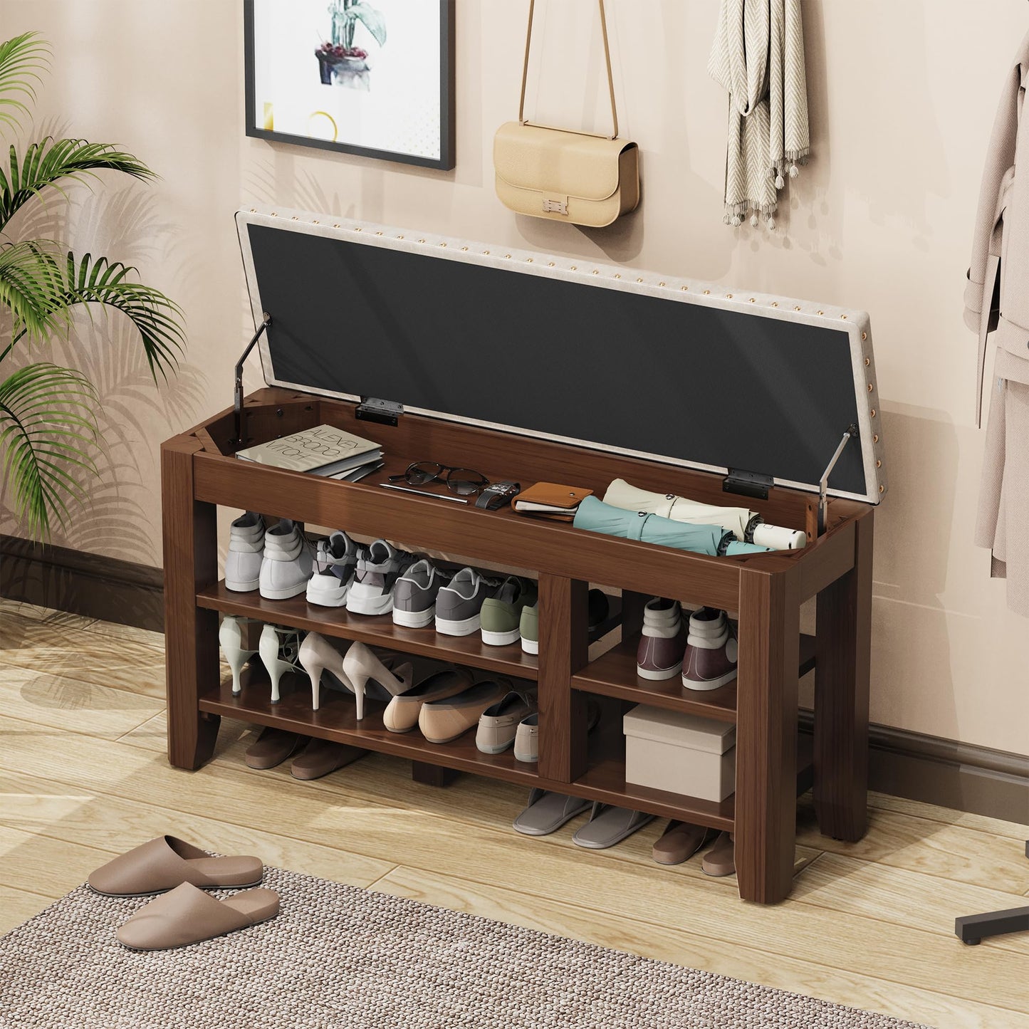 Shoe Bench for Entryway, Solid Rubberwood Shoe Bench with Hidden Storage, Adjustable 2-Tier Shelves & Soft PU Leather Seat, Shoe Rack Durable Easy Assembly for Hallway or Bedroom - Beige, 39.4"