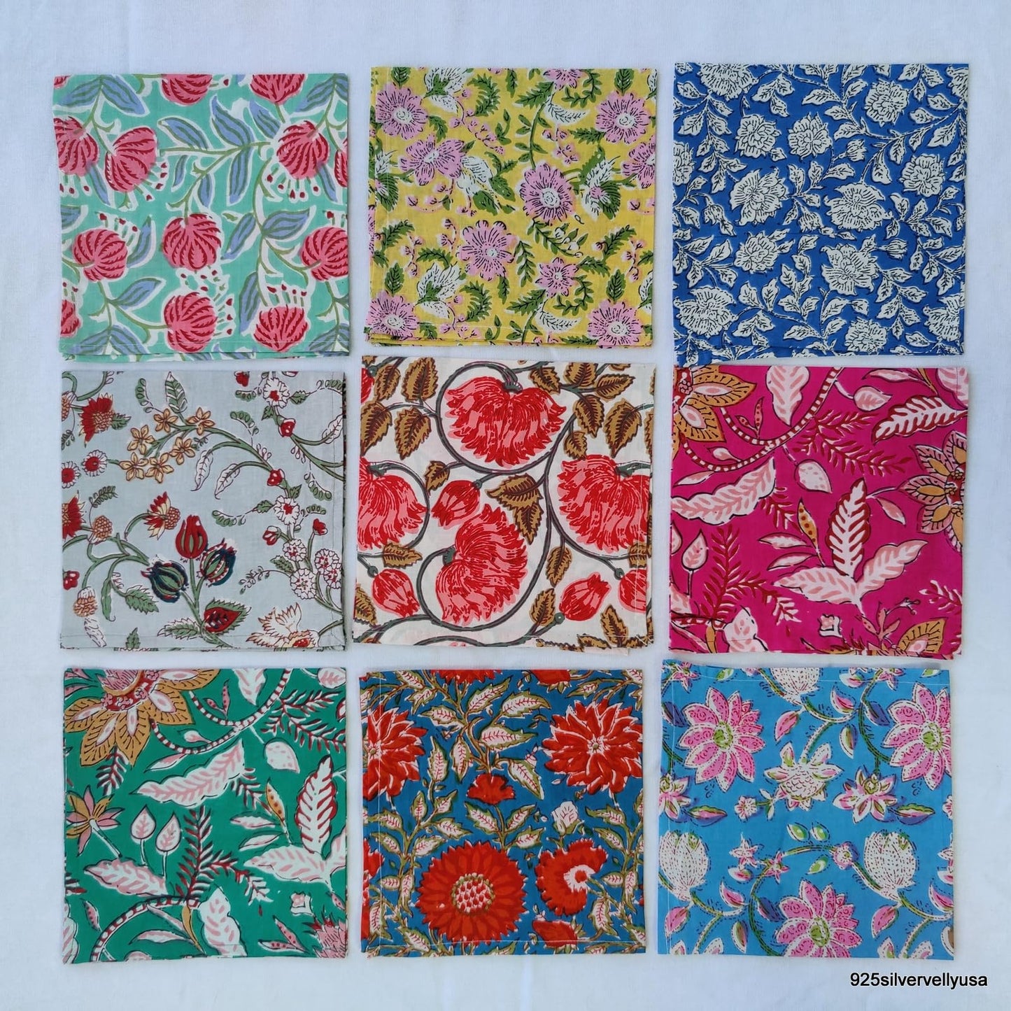 INDIANHANDICRAFTS 10 Pc Mix Lot Hand Block Print Napkin, 100% Cotton, 16x16 Inch, Multicolor Floral, Square, Napkin