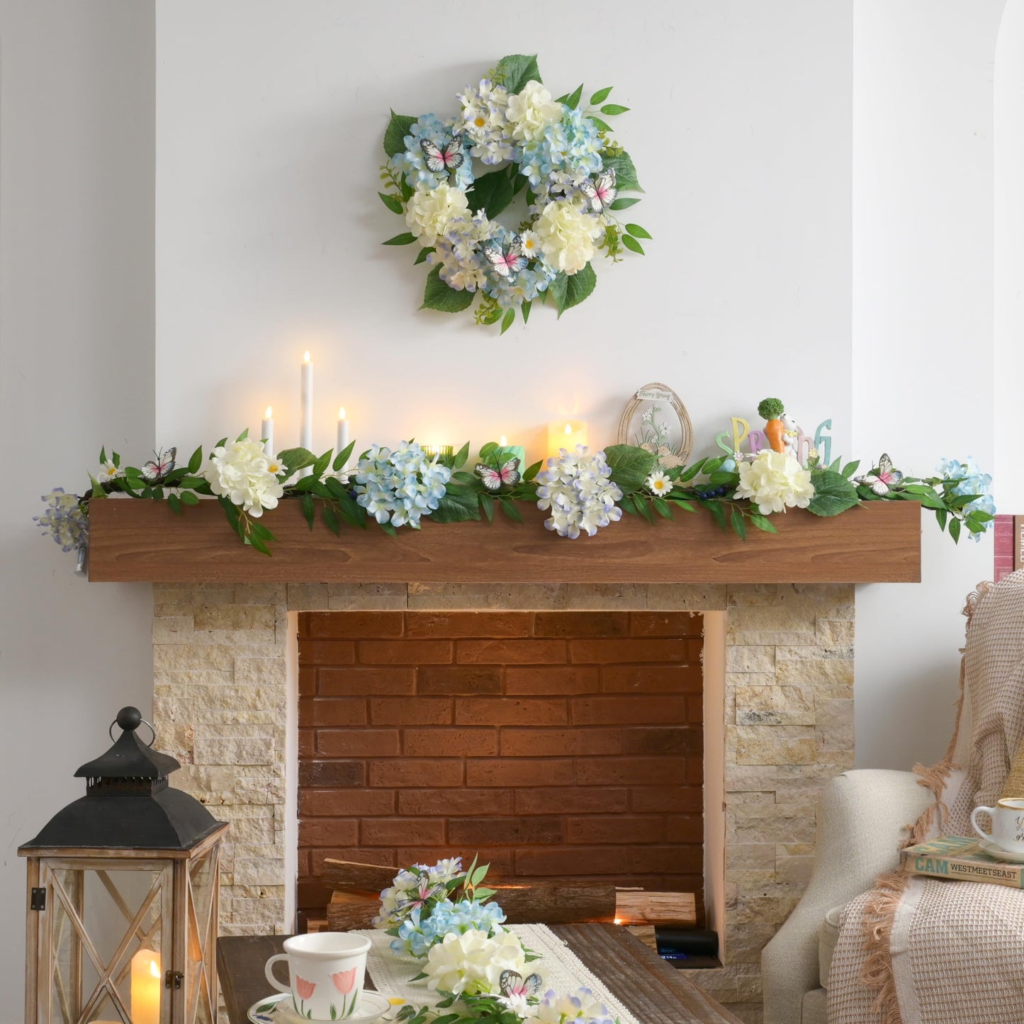 Valery Madelyn Spring Wreaths for Front Door with Lights, Silk Blue White Hydrangeas Floral Summer Wreath with Eucalyptus Leaves Butterfly for Home Porch Window Wedding Arch-18''