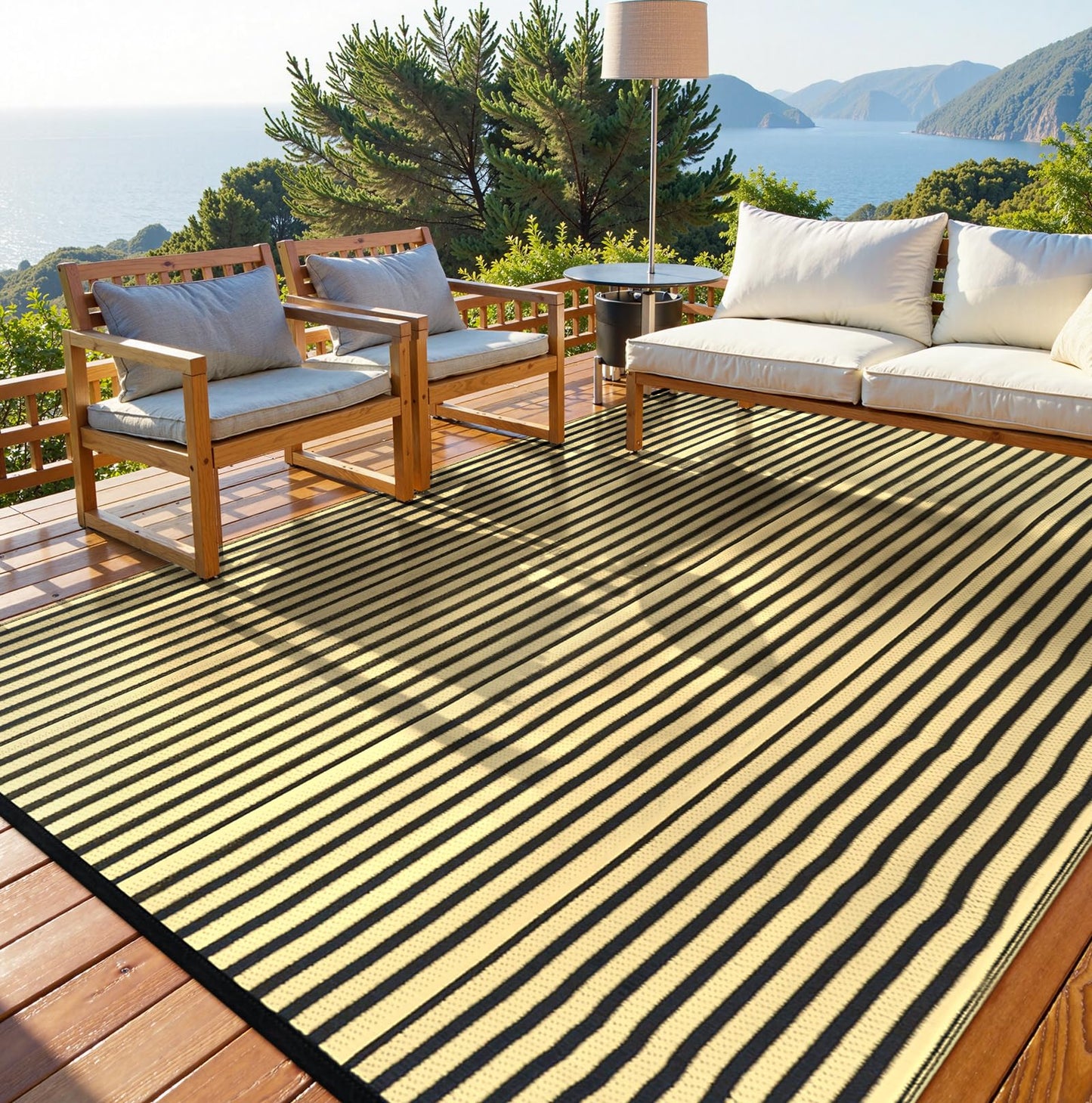LEEVAN Waterproof Outdoor Rug 8x10 Black and Brown Patio Rug Clearance Large Plastic Straw Backyard Area Rug Striped Camping Outside Mat for Picnic, RV, Deck, Bench, Balcony