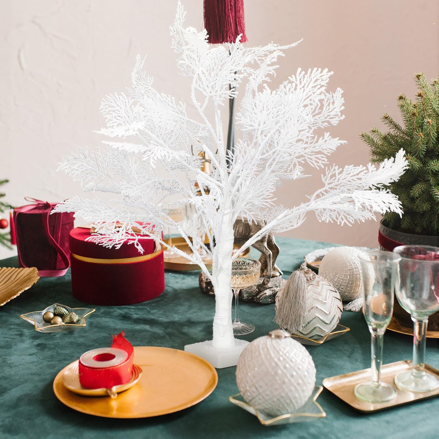 Quzzil 2 Pack Flocked Lights Christmas Tree Tabletop Decoration 24 Inch Artificial Small White Christmas Snow Birch Tree Frost Battery Powered/USB Table Centerpiece for Indoor Mantel Holiday Decor
