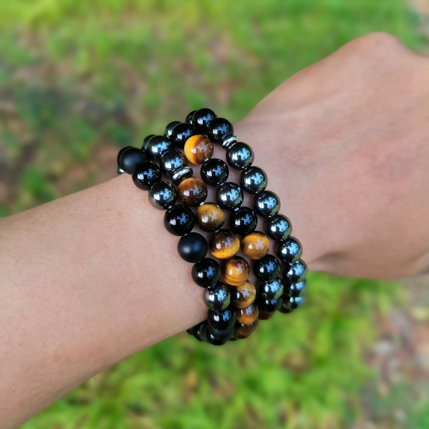 Gracayfr Black Tourmaline Protection Bracelet Empath Obsidian Onyx Triple Natural Stone Healing Crystals Spiritual Gemstone Stretch Bead Hematite 8mm