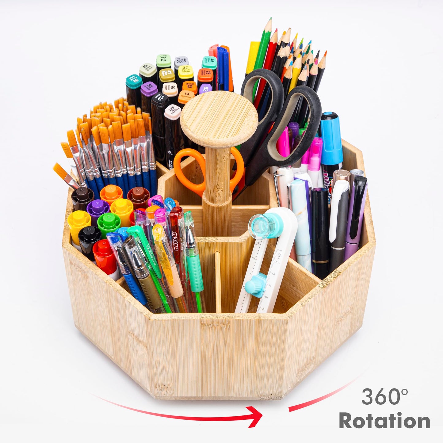 CraftGenes Bamboo Rotating Pen Organizer for Desk, 360° Spinning Desk Organizer with 10 Compartments, Wooden Pencil Holder, Desk Caddy for Office Supplies, Marker Organizer for Office Home School