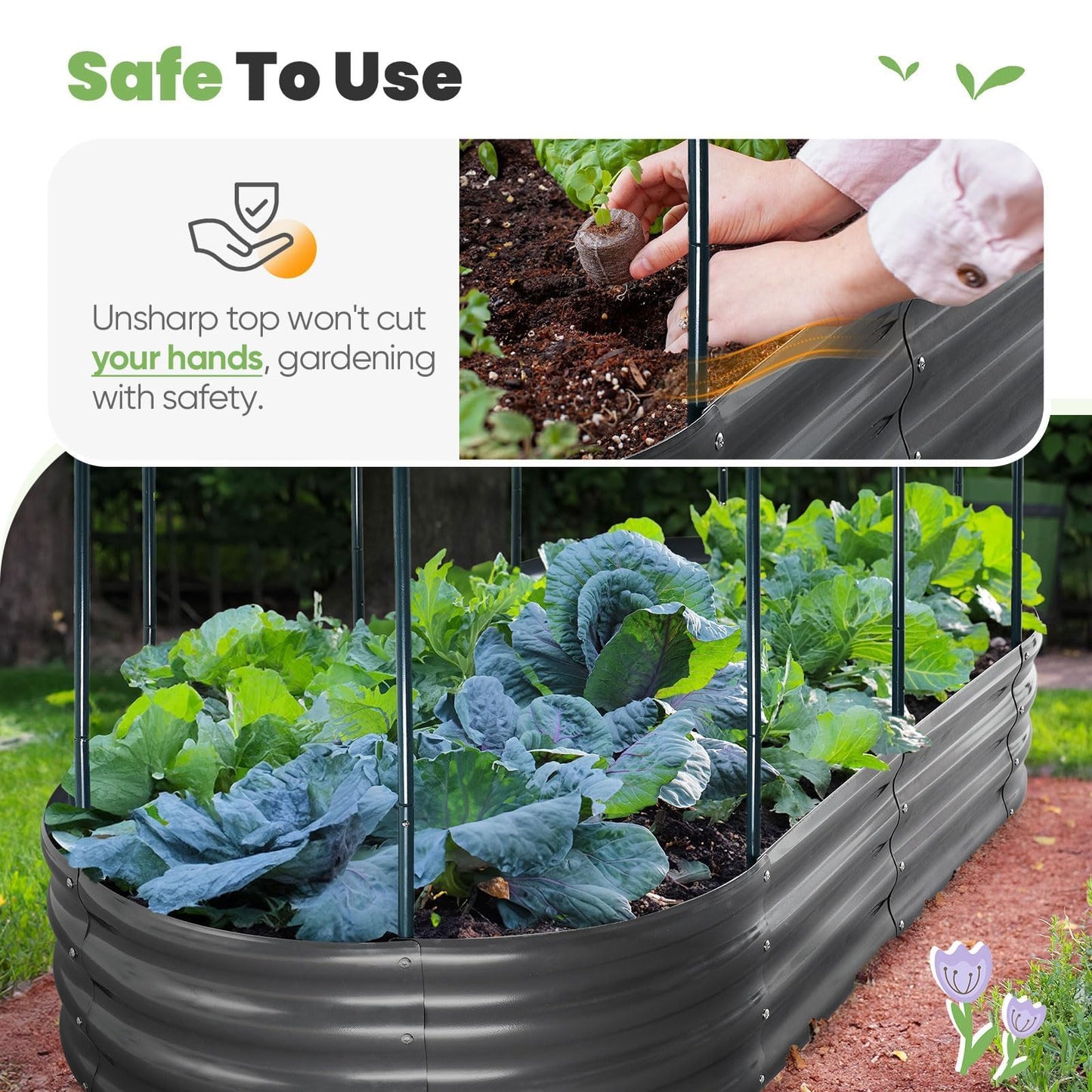 KING BIRD Raised Garden Bed with Cover Galvanized Oval Planter Garden Box Outdoor for Gardening, Vegetables, Flowers 71x36x12 in, White