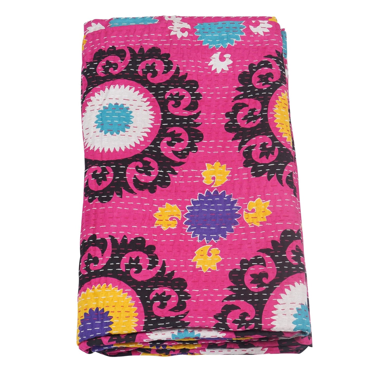 Marubhumi Indian Handmade Traditional Unique Print Kantha Quilt Indian Cotton Bedding Throw Blanket Bespread Hand Stitched with Love (Pink, Queen (90"x 108"))