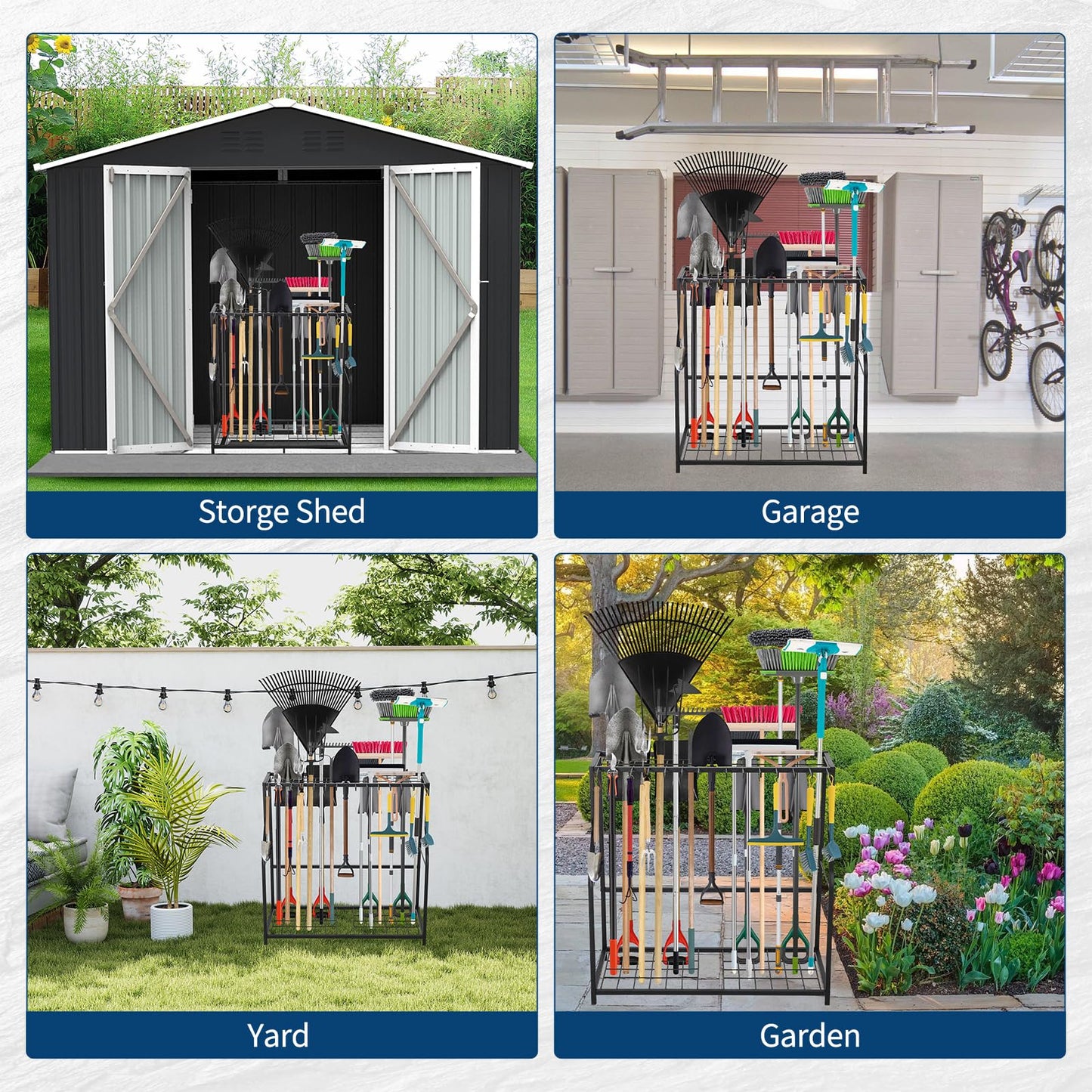 Garden Tool Organizer 2 Tier Yard Storage Rack With14 Hooks,Heavy Duty Holder With 43 Long-Handled Slots,Freestanding Tool Organizers and Storage for Yard Shed and Lawn