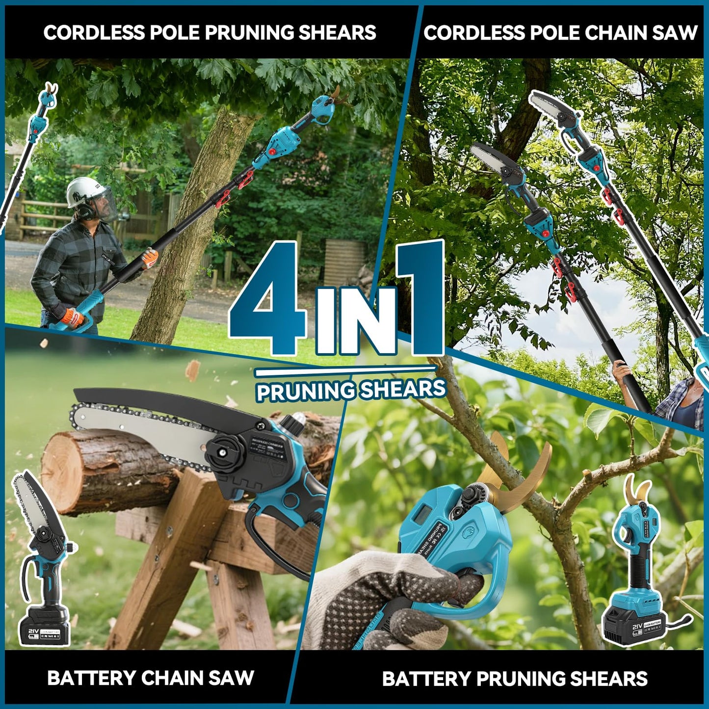 Gpaentsn 4-in-1 Brushless Mini Chainsaw & Electric Pruning Shears Combo Kit with 8.5ft Extension Pole, 6-Inch Cordless Pole Saw, Electric Pruning Shears, 2x 21V Batteries, Tool Set for Tree Trimming