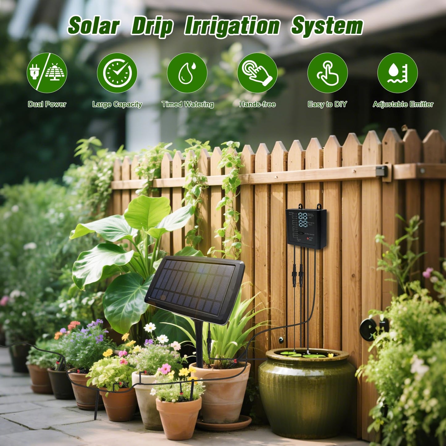 Solar Automatic Drip Irrigation Kit System, 12 Timer Settings Garden Irrigation System, Self Watering Devices for Plants, Raised Beds, Greenhouse, Travel, IP44 Waterproof (15 Pots)