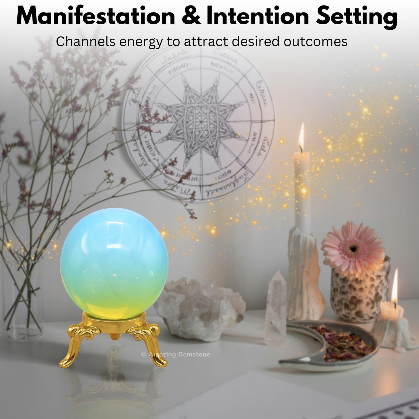Amazing Gemstone Opalite Crystal Ball with Stand - 2" Inches Crystal Sphere Meditation Balls for Witchcraft and Decorative Balls