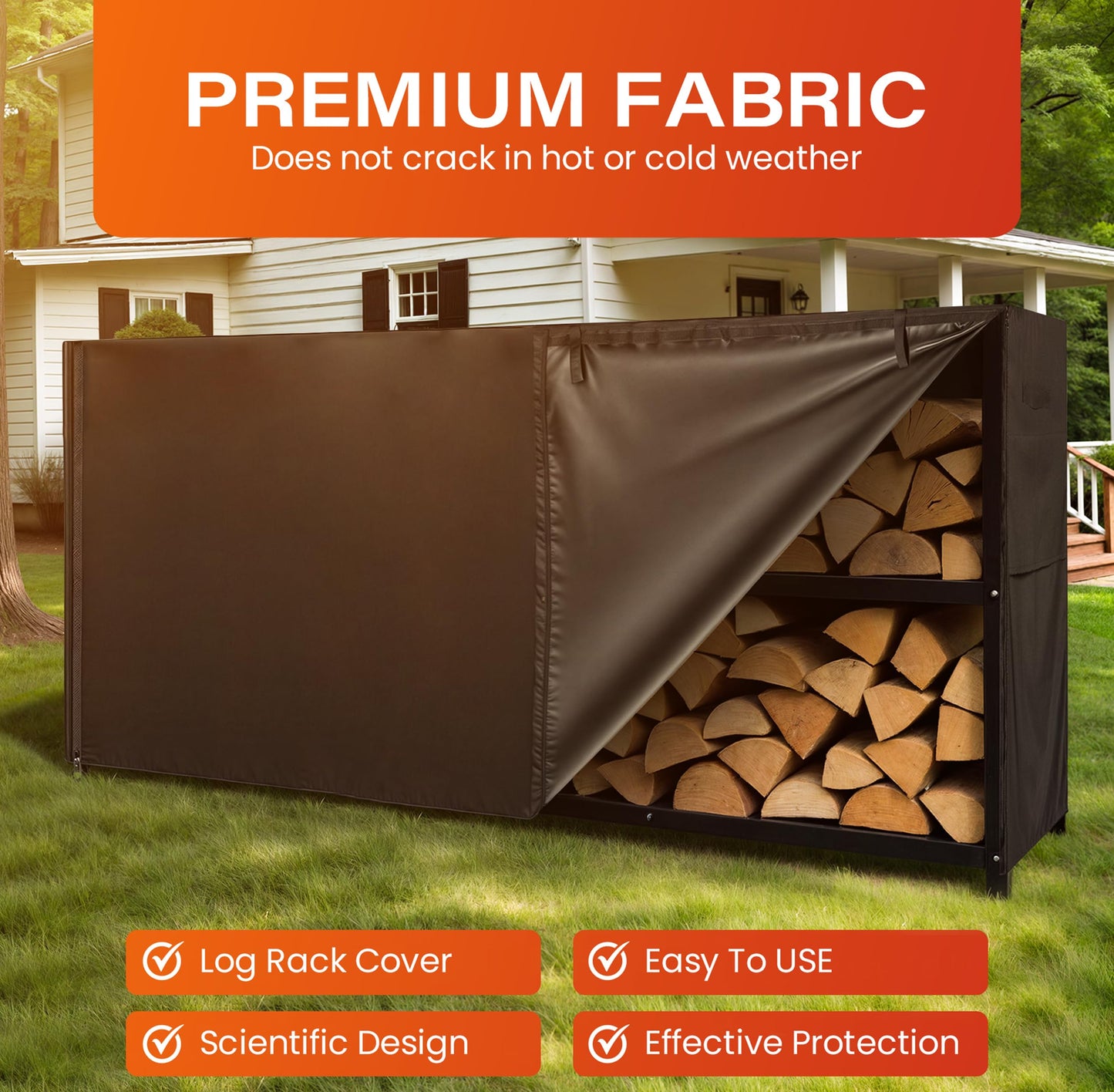 8ft Waterproof Firewood Rack Cover - Heavy Duty Black 600D Oxford Fabric - Indoor Or Outdoor Firewood Log Cover with Zipper & Adhesive Closing Strips - Rack NOT Included - Black