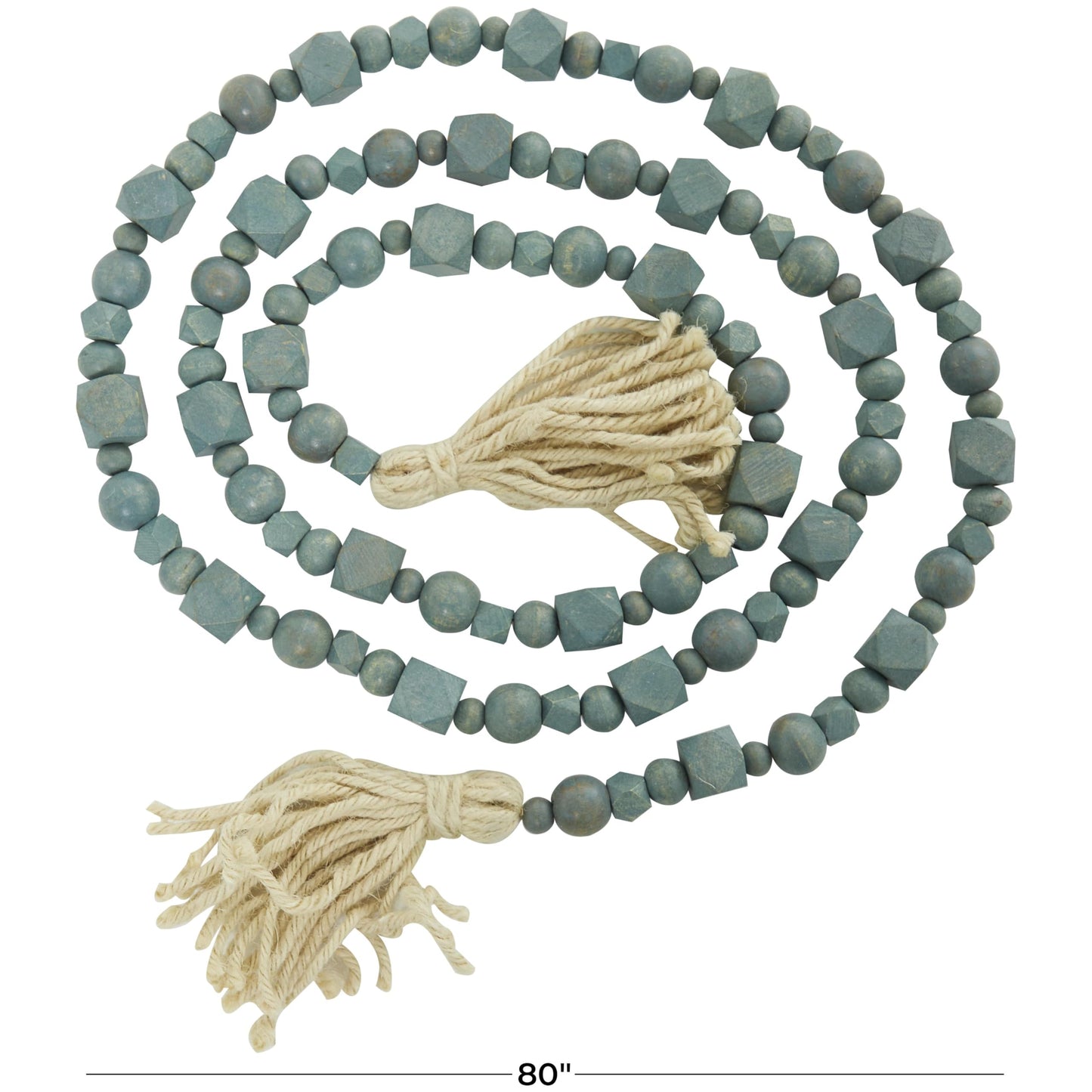 Deco 79 Mango Wood Handmade Hexagon Carved Geometric Long Beaded Garland with Tassel, 80" x 1" x 1", Blue