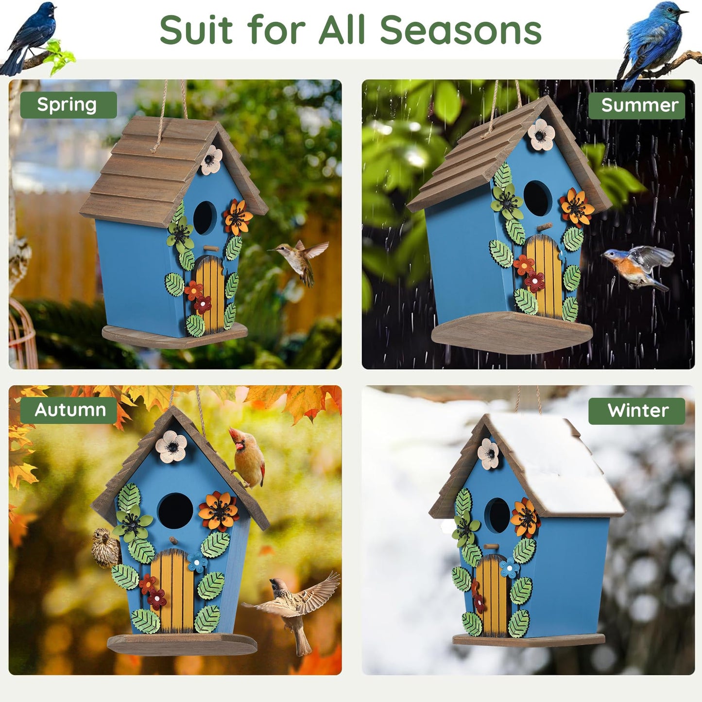 handrong Bird Houses for Outside,Wooden Blue Birdhouse,Decorative Birdhouses for Outdoors,Hanging Bird Houses,Bird Box Nest,Humming Bird House for Outside,Bird Gifts for Bird Lovers