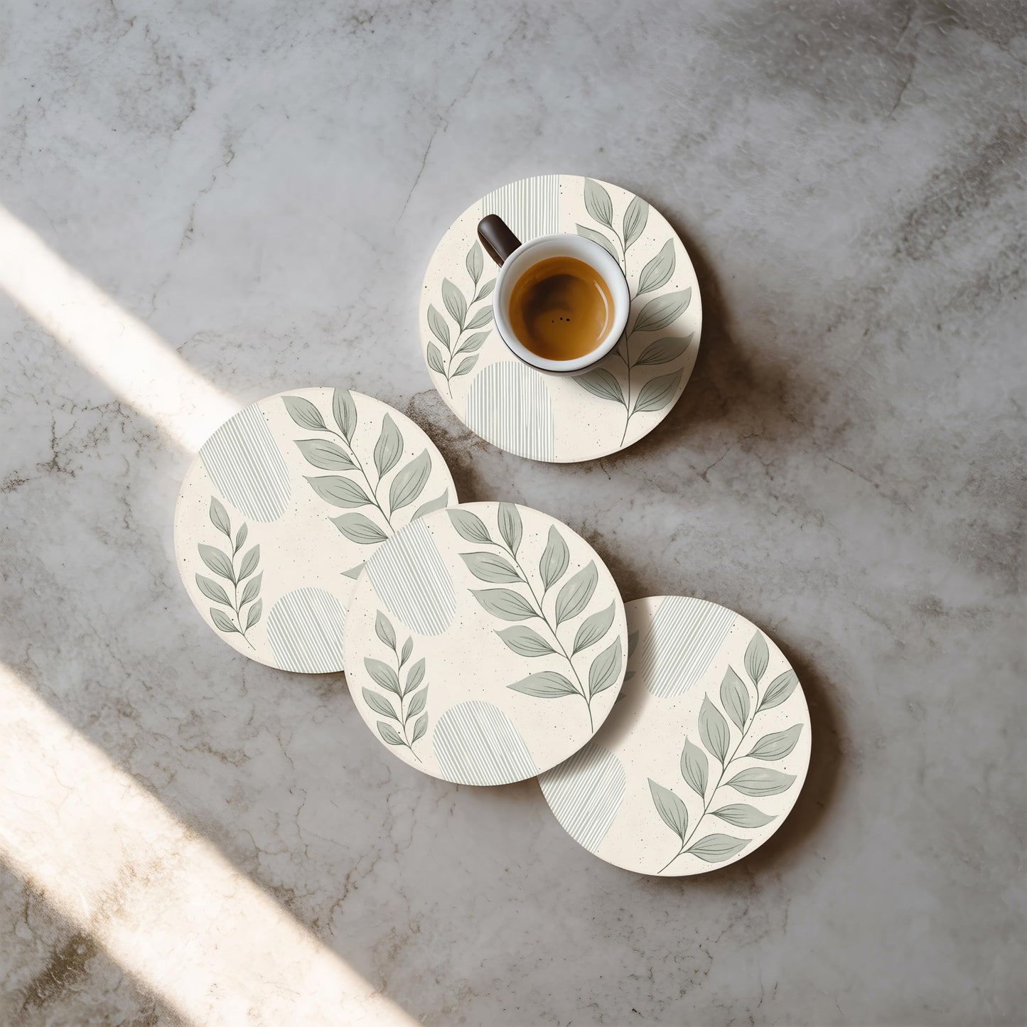 VEYRO Ceramic Coasters Set of 4 – Absorbent Stone Drink Coasters with Holder, Non-Slip Cork Backing, Modern Marble Look Coasters for Coffee Table, Desk & Home Decor
