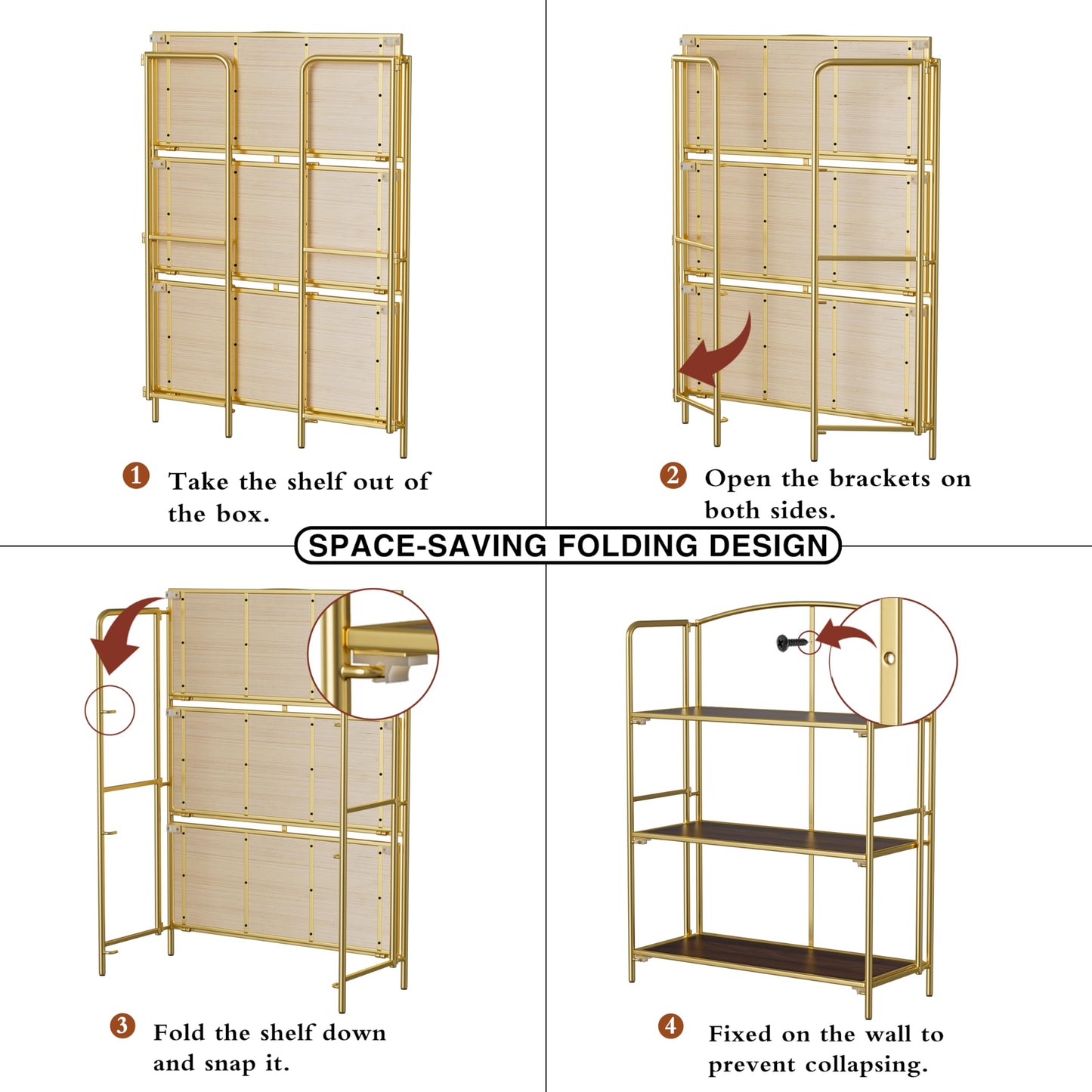 Crofy No Assembly Folding Bookshelf for Living Room, 3 Tier Gold Collapsible Book Shelf for Home Office, Portable Bookcase Storage Organizer