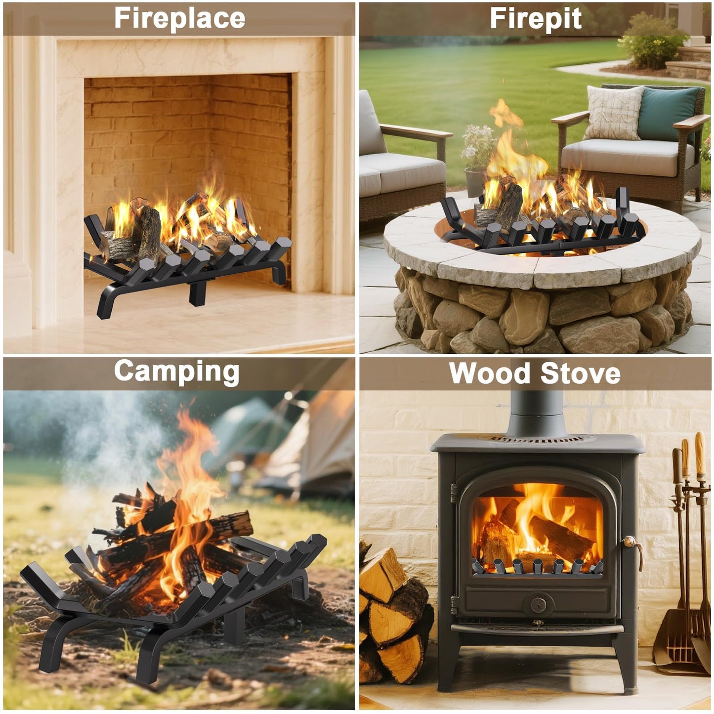 AMAGABELI GARDEN & HOME Fireplace Grate Log Holder 24 Inch Firewood Burning Rack Heavy Duty Wrought Iron Solid Steel for Chimney Hearth Fire Pit Outdoor Kindling Tools Wood Stove Accessories
