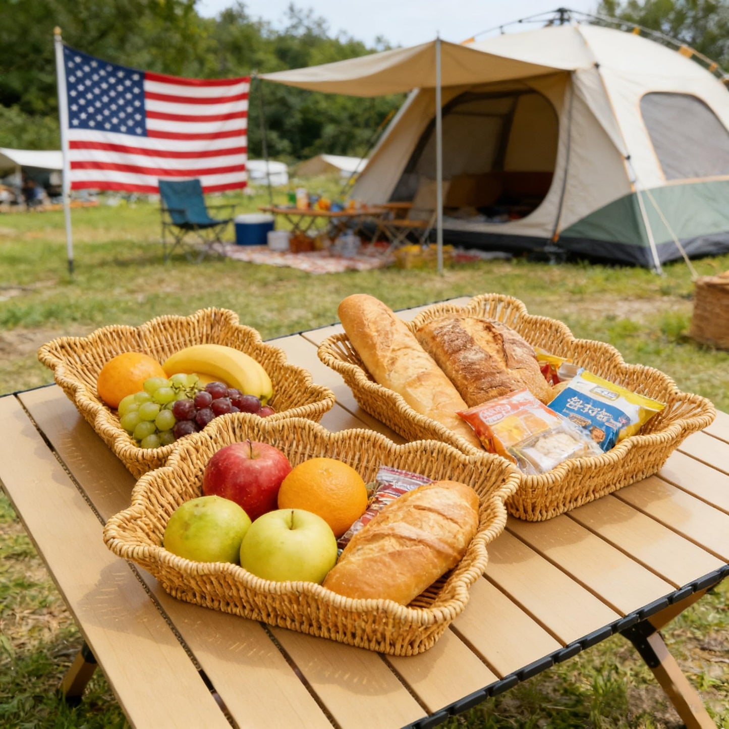 3-Pack Wave Shaped Woven Dining Basket Set - Imitation Rattan Picnic Fruit Baskets & Table Trays for Family Gatherings, Outdoor Camping, and Housewarming Gifts