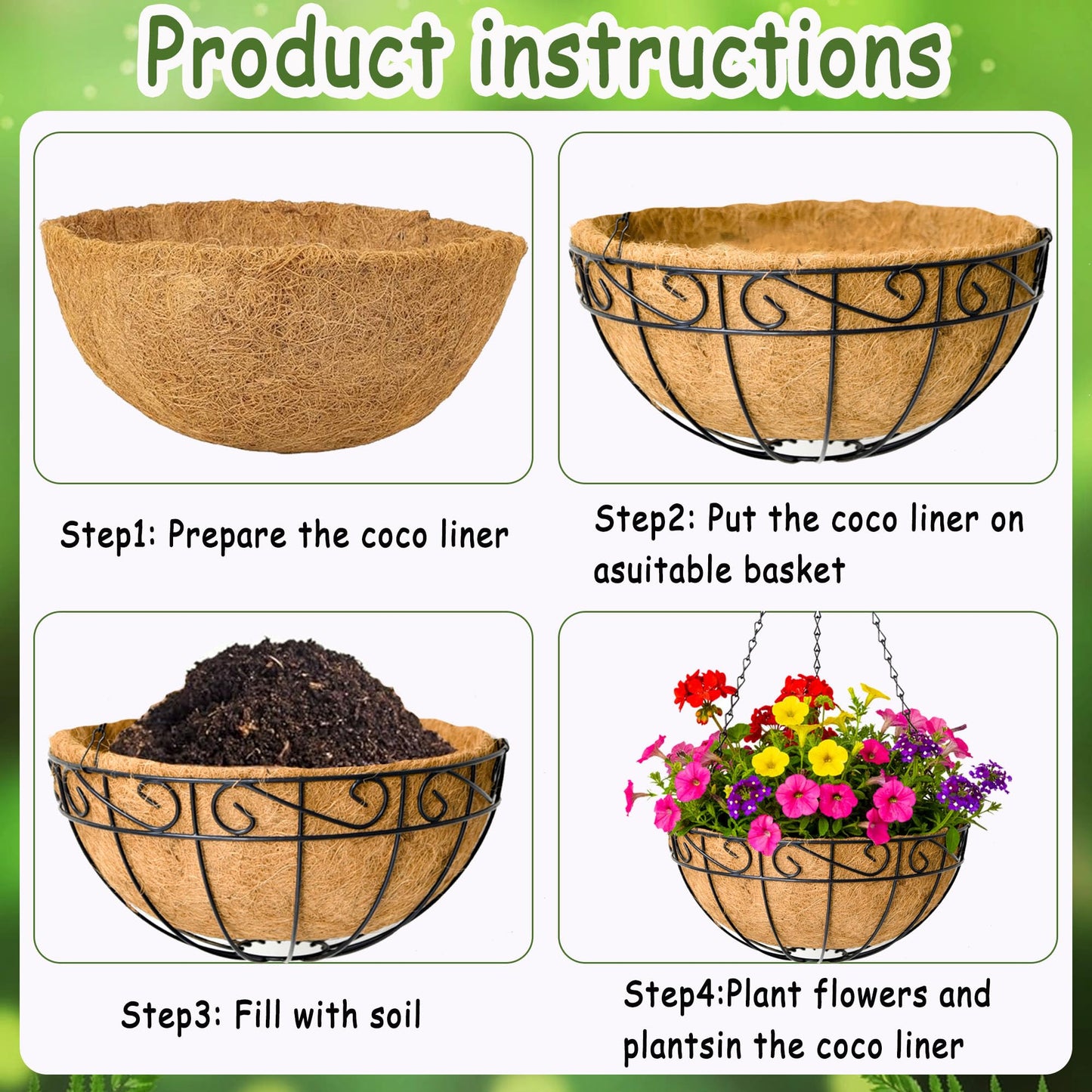 SMYAXUNW 14 Inch Hanging Planters (4 Pack) - Round Metal Baskets with Cocoa Liners for Indoor/Outdoor Gardens, Porch & Patio Decor(HB)