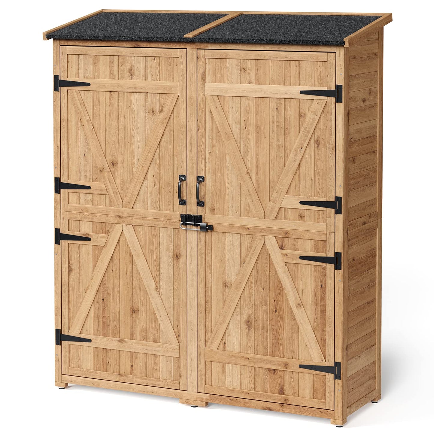 Gizoon Outdoor Storage Cabinet with Waterproof Roof, Double Lockable Doors Garden Shed with 2 Removable Shelves, Wooden Storage Shed with Large Storage Space for Patio, Garden, Backyard, Lawn