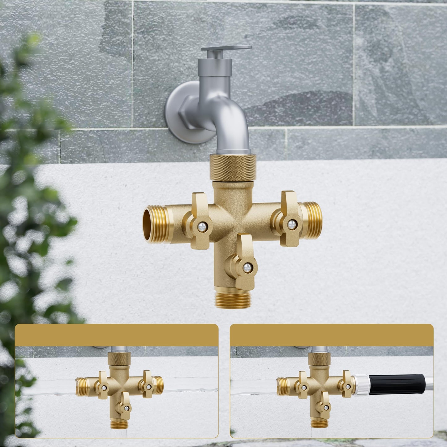 SANTONG Hose Splitter Solid Brass 3 Way + Type Outdoor Faucet and Water Spigot Connector with Shut-Off Valves, 4 Extra Silicone Washers Included