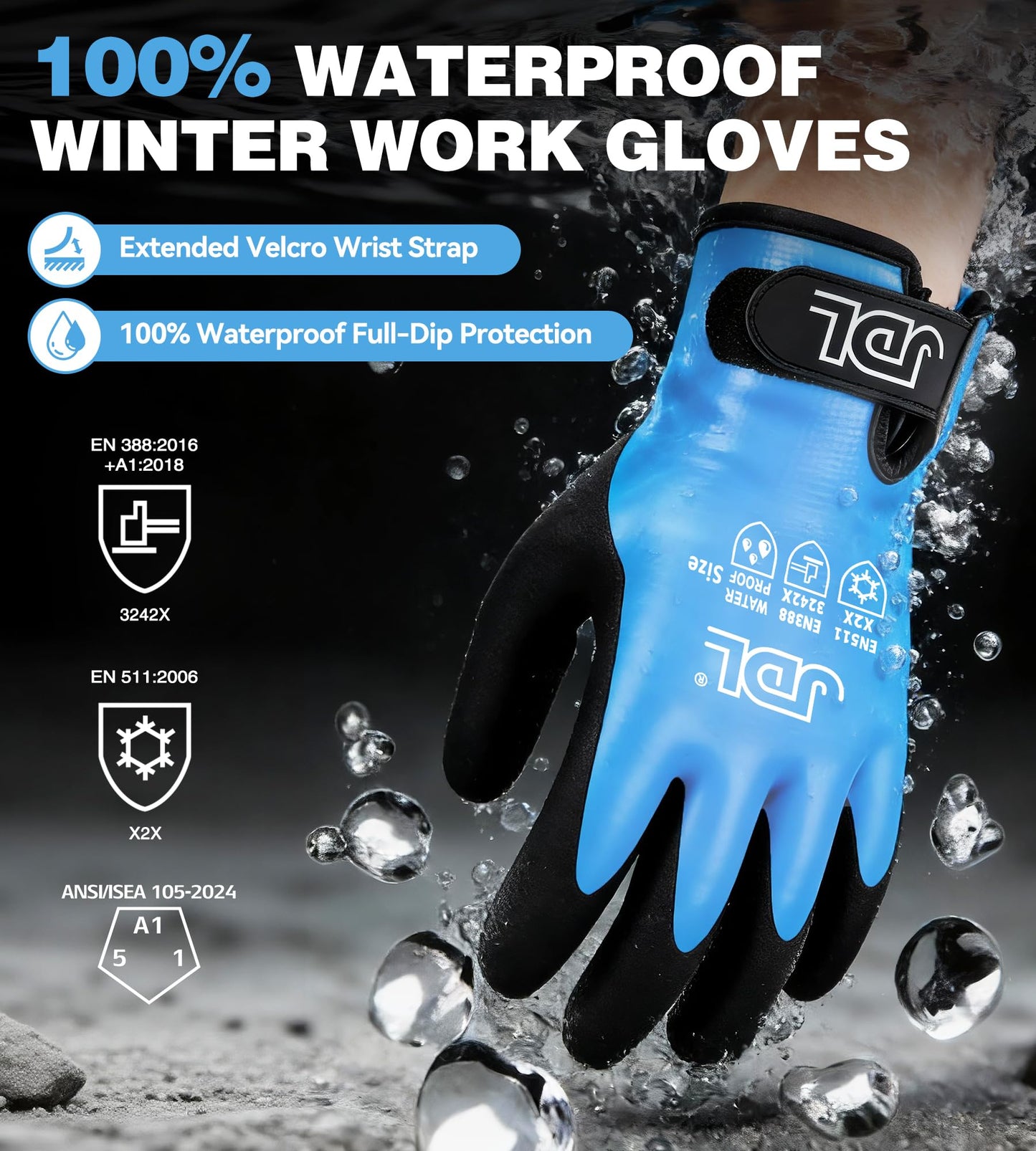 JDL 100% Waterproof Winter Work Gloves for Men & Women, Thermal Insulated Freezer Gloves for Cold Weather, Super Grip Palm, Blue, Large, X-Large