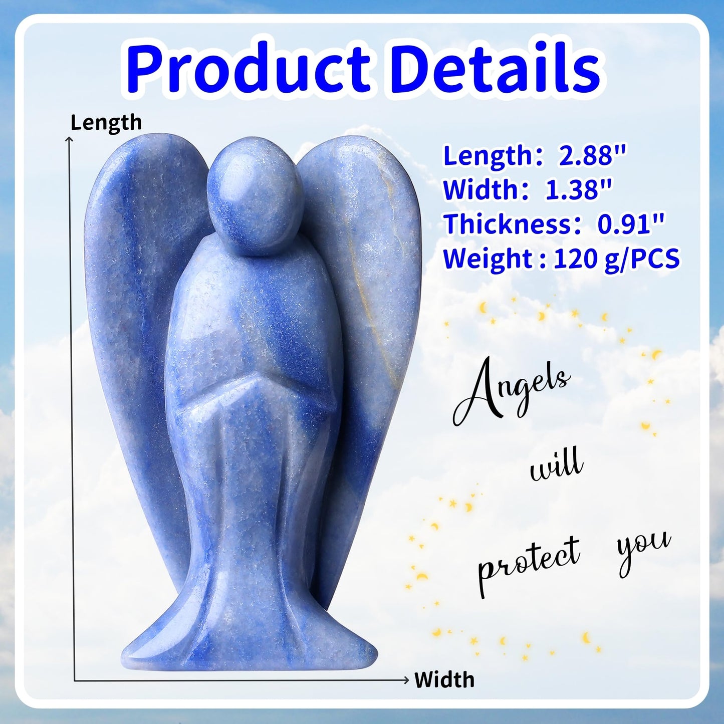 YATOJUZI 3" Blue Aventurine Angel Decor Big Hand-Carved Angels Guardian Sculpture Statue Figurines Natural Crystal Stones and Healing Crystals Home Room Office Desk Decoration Wisdom Gifts for Women