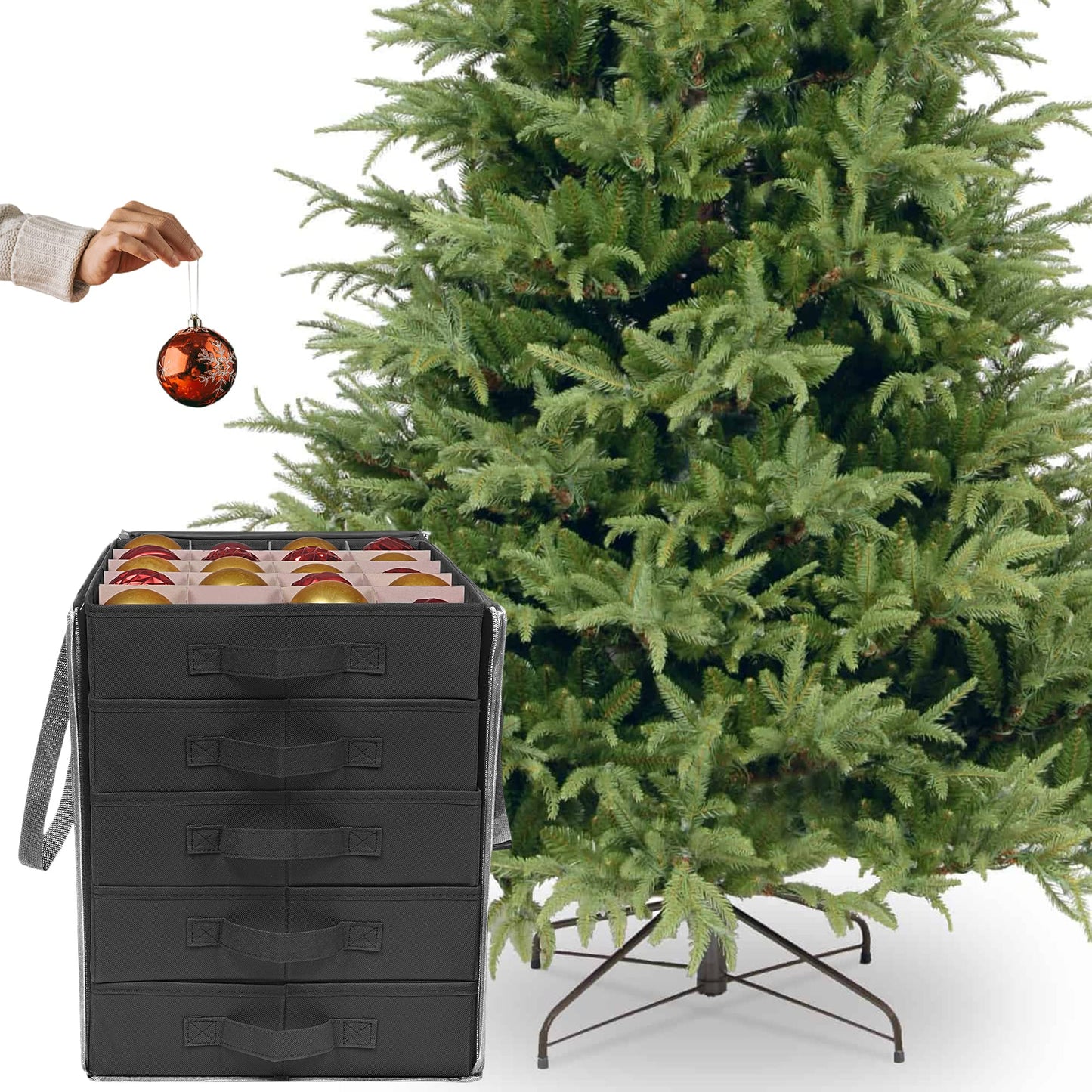 ProPik Christmas Ornament Storage Boxes with Dividers - 5 Separate Trays - Ornament Holder - Keeps 100 Holiday Ornaments - Durable Carrying Bag Handles Organizer Storage Box (Black)