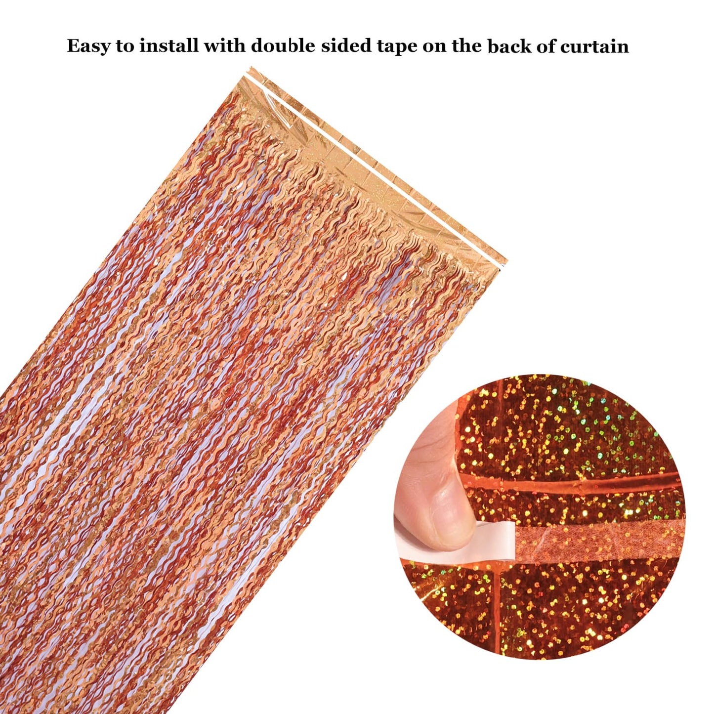 4 Pack 3.3x6.6ft Wavy Orange Foil Fringe Backdrop Curtains -Tinsel Streamers Metallic Foil Fringe Backdrop Door for Halloween, Graduation,Baby Shower,Gender Reveal