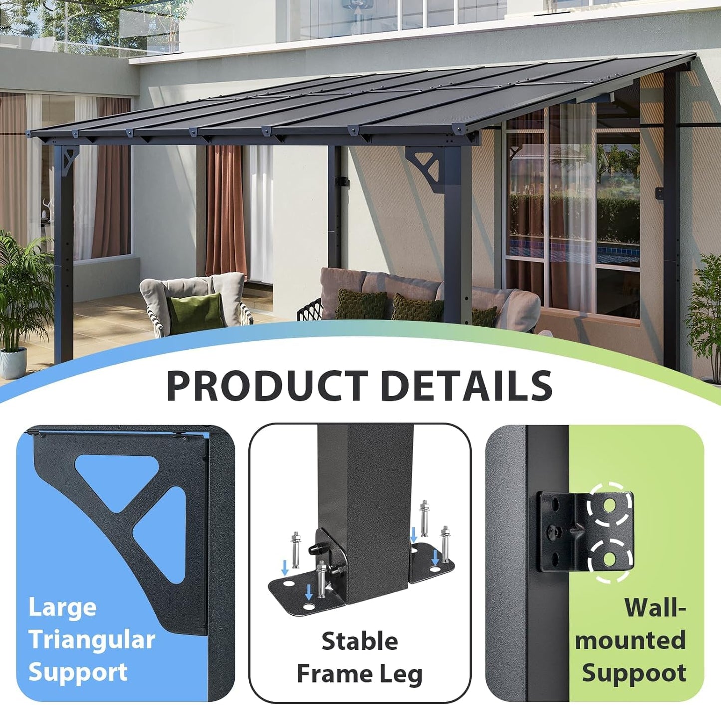 Aoxun 12'x 10' Premium Gazebo with Aluminum Top Frame & Polycarbonate Panel, Wall Mounted Gazebos Pergola, Outdoor Patio Lean to Gazebo, Awnings with Sloped Roof, for Backyard, Porch, Deck