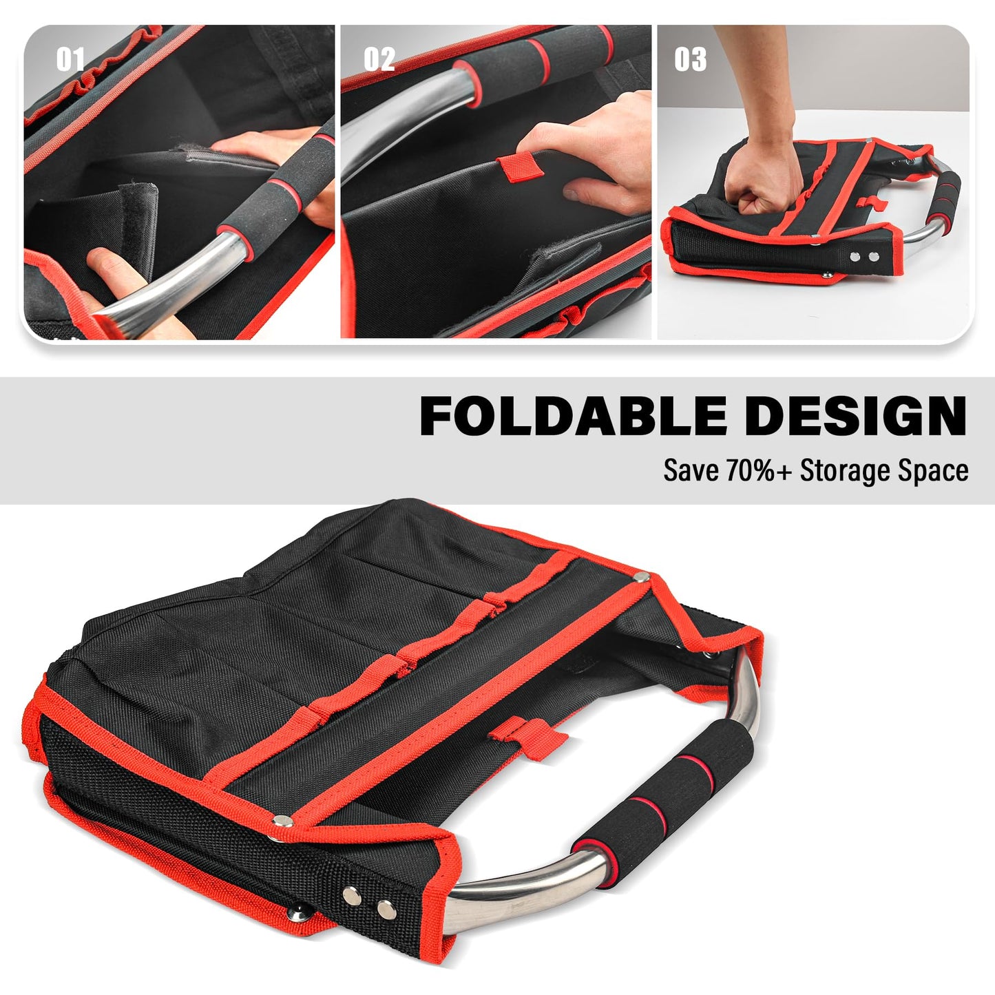 HAUTMEC 13 Inch Tool Bag, Foldable Open Top Tool Bag with Stiff Frame, Heavy-Duty Tool Tote with Padded Handle, Water-Resistant Base, Portable Tool Organizer for DIY & Jobsite Use – TB0001
