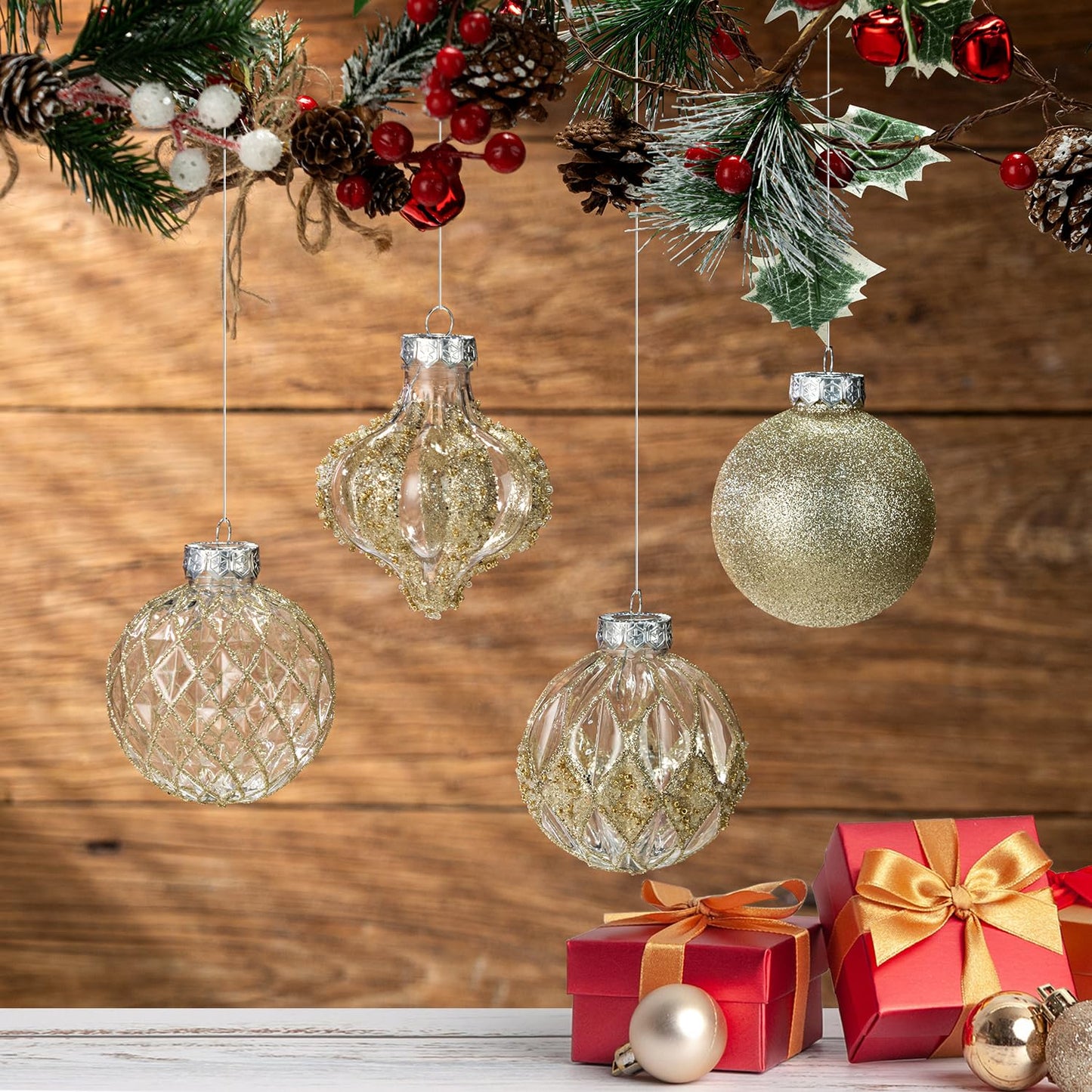3.15" Clear and Champagne Christmas Ball Ornaments Set, 16 Pcs Luxury Hand-Painted Xmas Tree Decoration, Large Shatterproof Rustic Farmhouse Balls for Party Holiday Wreath Garland Home Decor