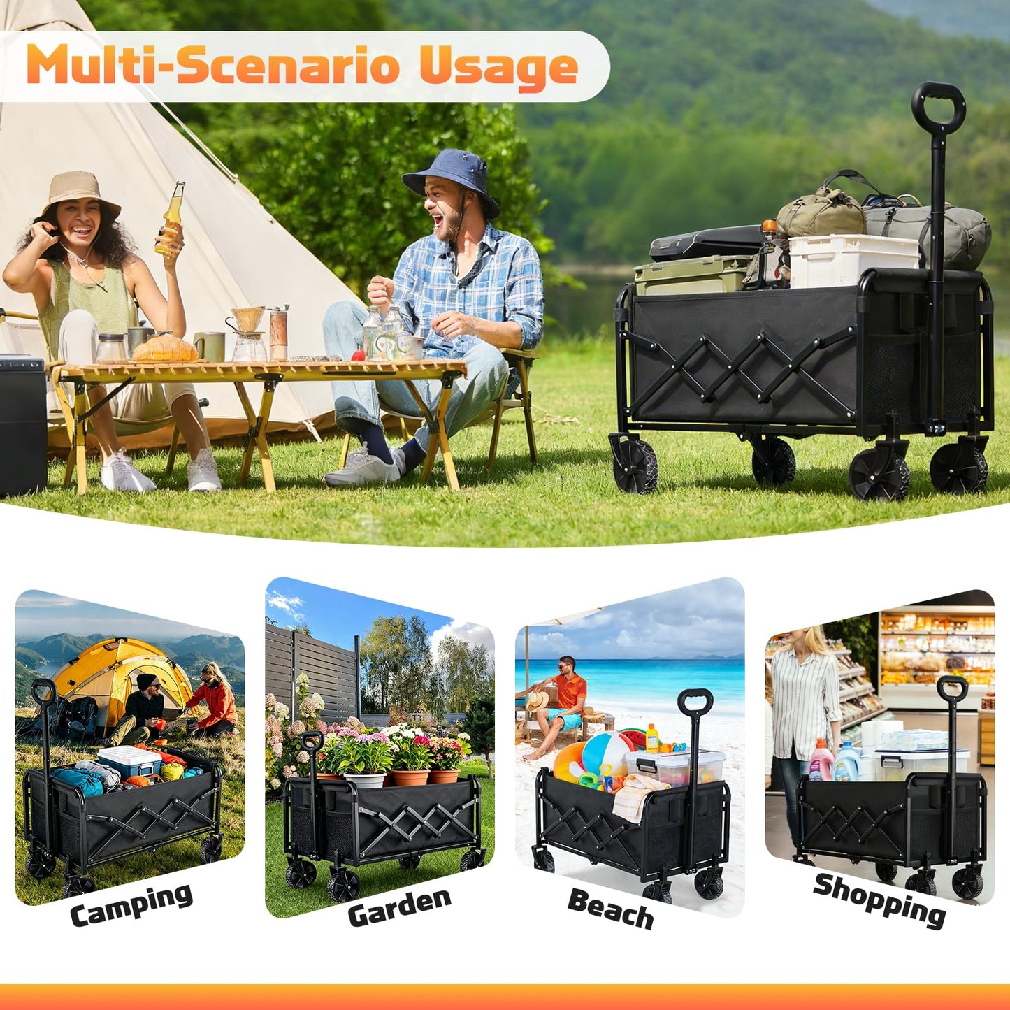 Collapsible Foldable Wagon Cart with Wheels - 360LBS Heavy Duty Folding Wagon Carts, Portable Lightweight Utility Wagon with All-Terrain Wheels & 2 Cup Holders, Grocery/Beach/Sports/Shopping/Black
