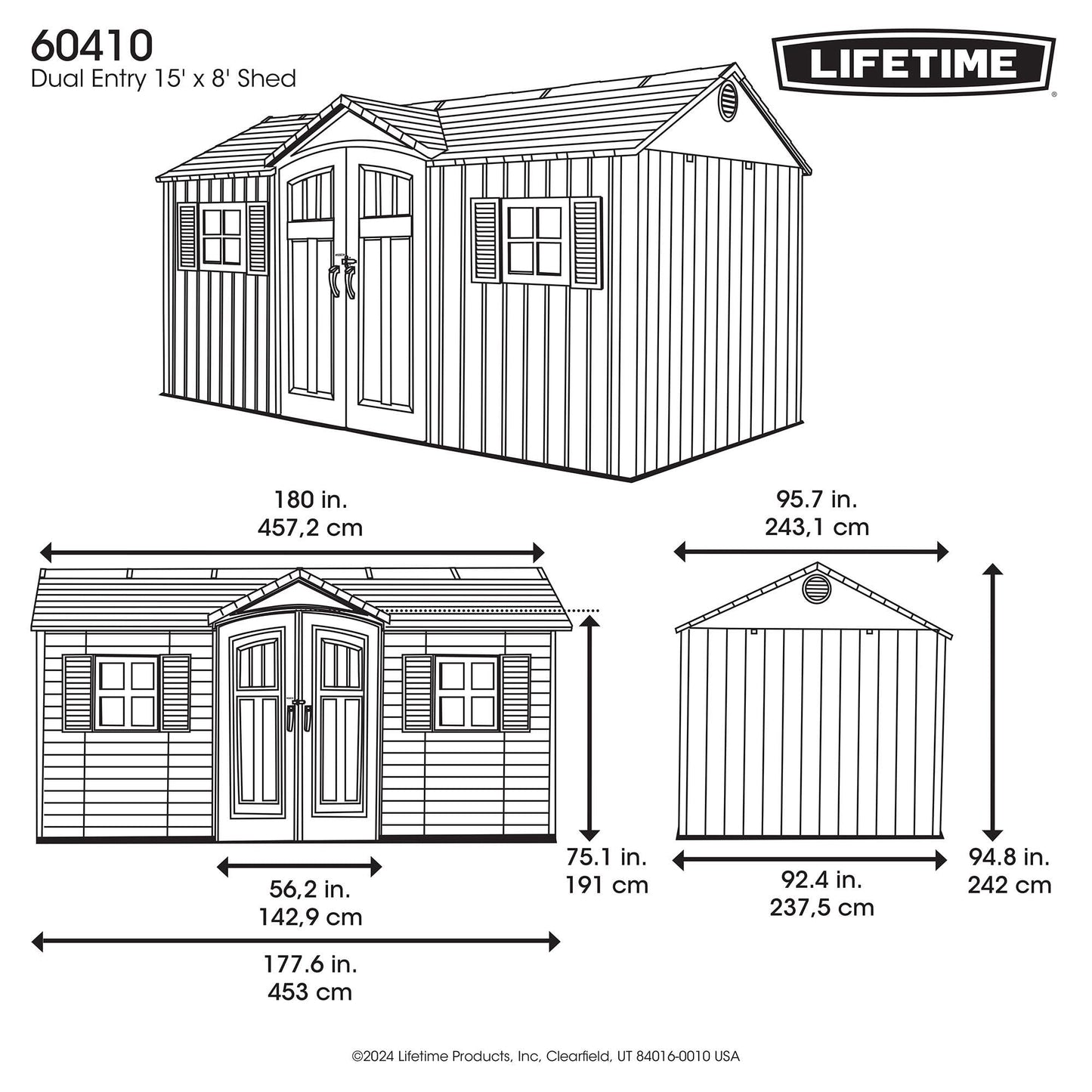 Lifetime Dual Entry Outdoor Storage Shed, 15 x 8 Foot