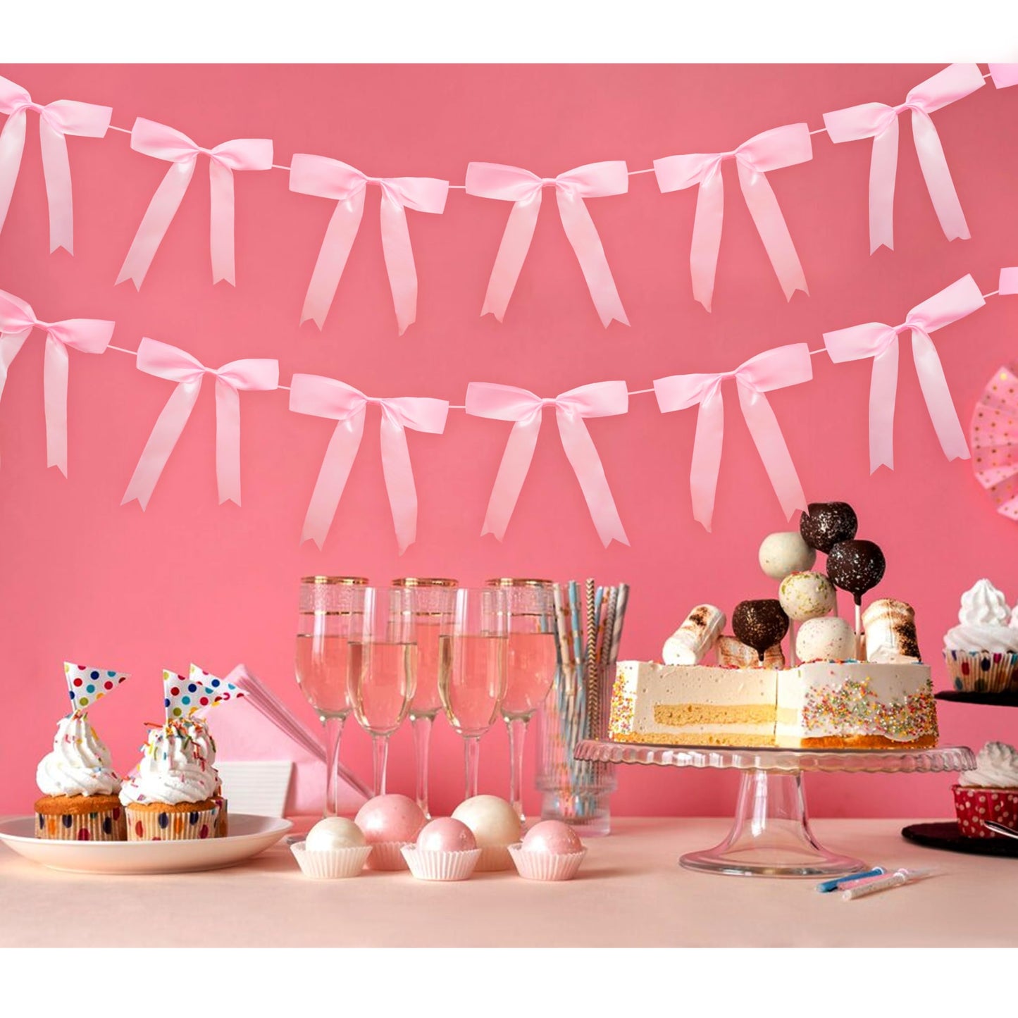 2pcs Pink Bow Garland Banner, Satin Ribbon Decorations for Coquette Theme Birthday and Bridal Shower Party Decor (Bow)
