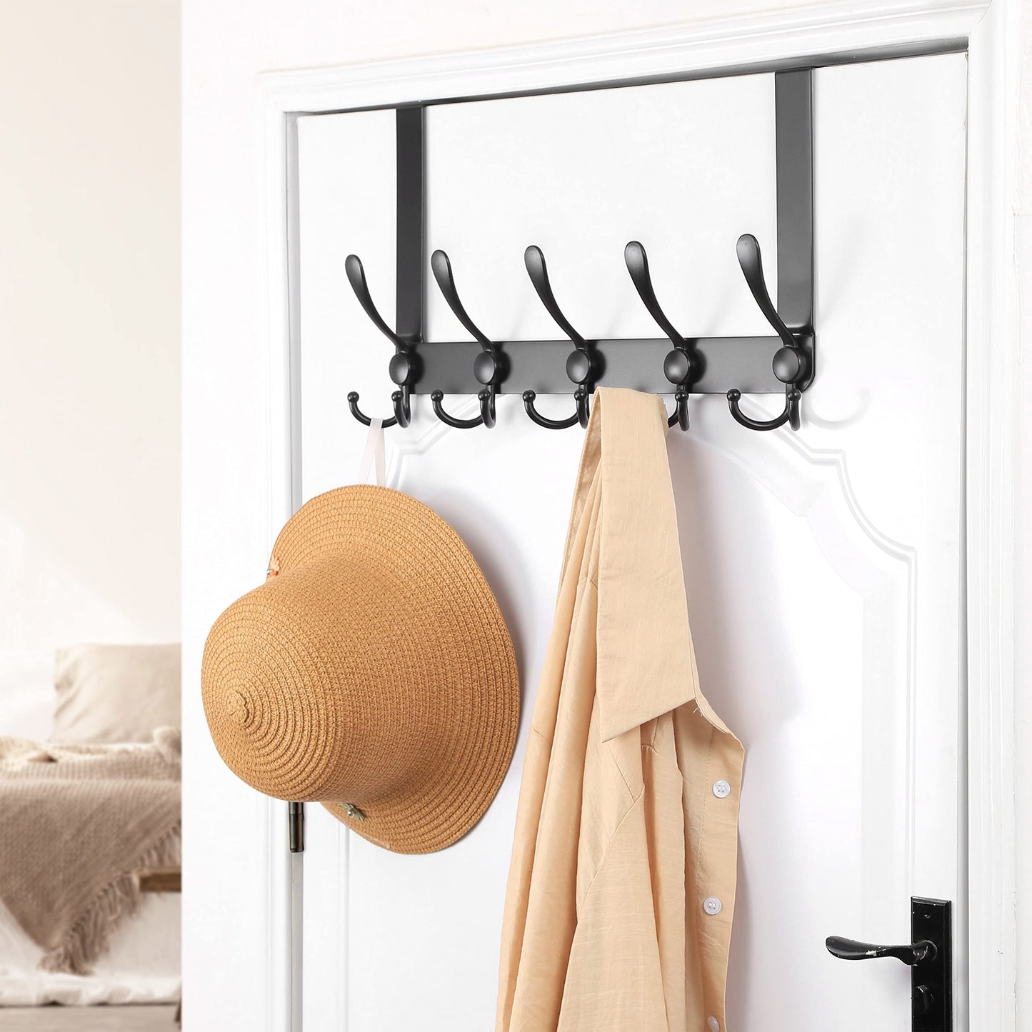 Dseap Over The Door Hook Hanger - Fits 1 3/8" to 1 3/4" Standard Doors | 5 Tri Hooks Heavy Duty Towel/Coat Rack | Door Organizer for Clothes, Jackets, Hats, Towels, Black